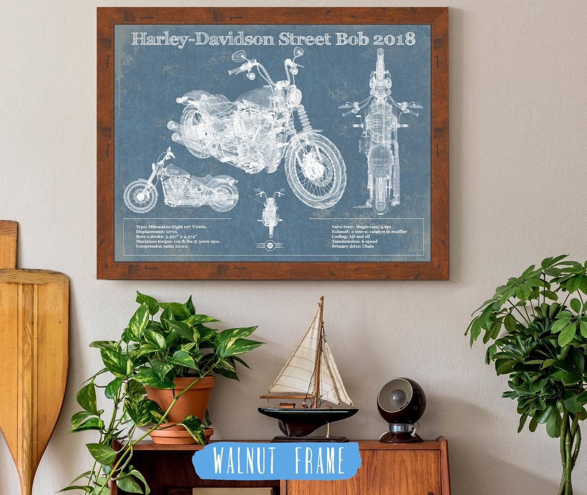 Cutler West 14" x 11" / Walnut Frame Harley-Davidson Street Bob 2018 Blueprint Motorcycle Patent Print 833110150_20245