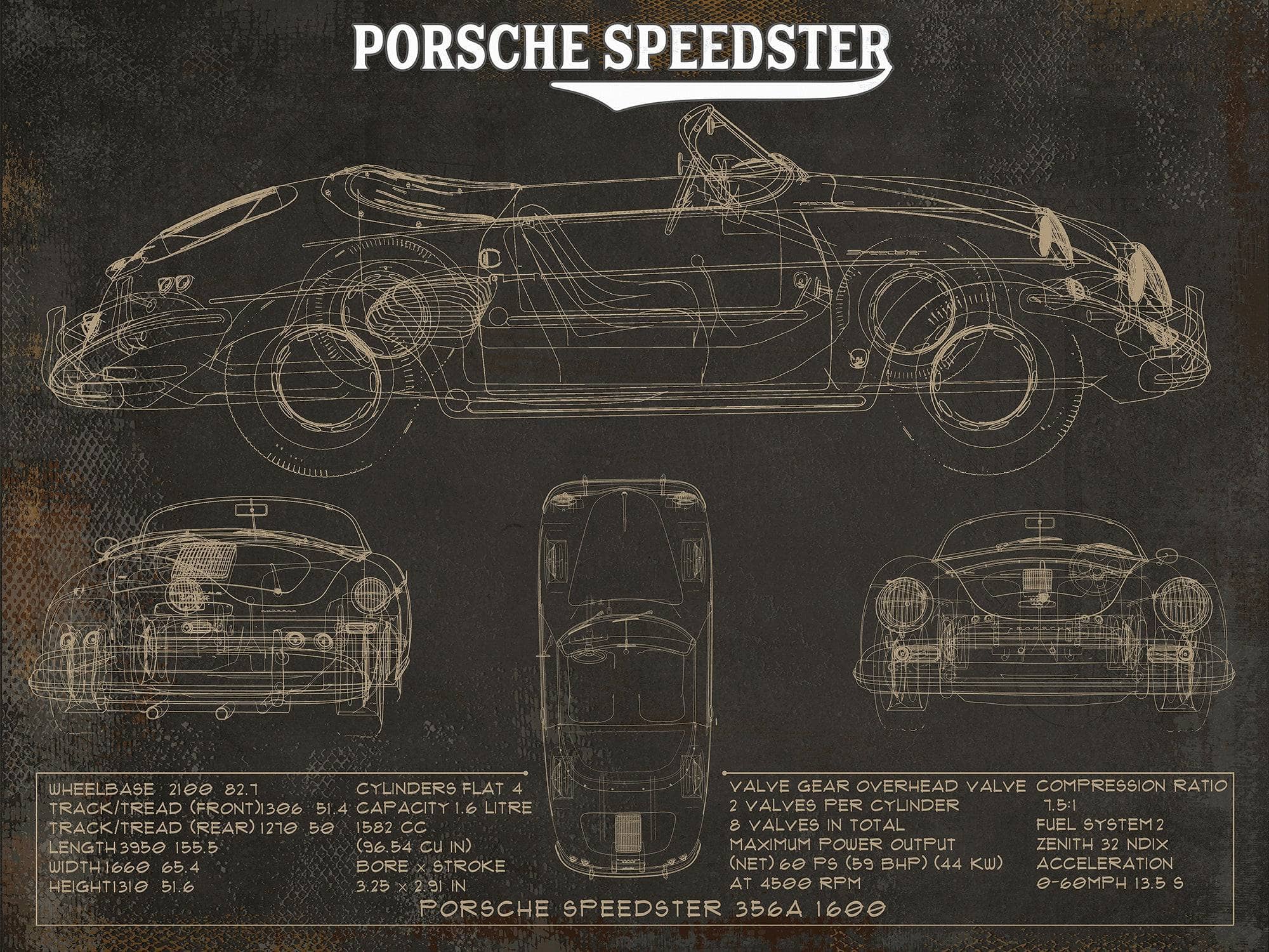 Cutler West Porsche Collection 14" x 11" / Unframed Porsche Speedster 356A 1600 Vintage Auto Print 694513411-BLUE_16358