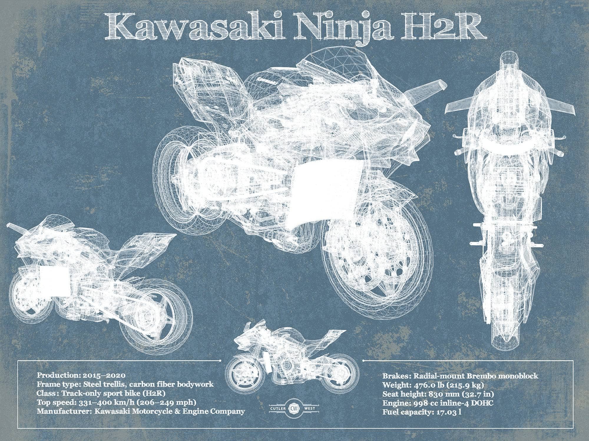 Cutler West 14" x 11" / Unframed Kawasaki H2R Ninja Blueprint Motorcycle Patent Print 889914931_16754