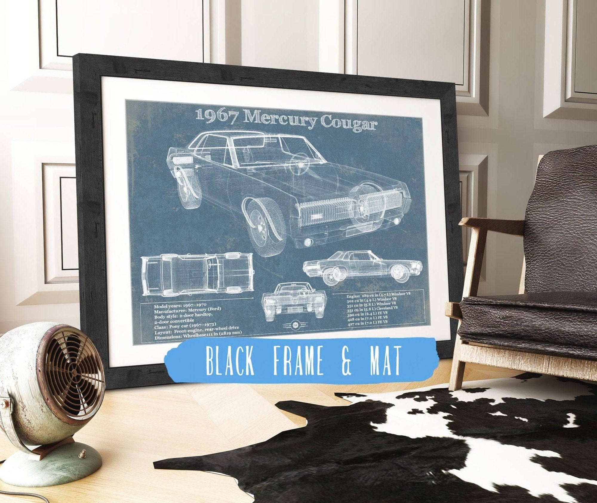Cutler West Vehicle Collection 1967 Mercury Cougar Vintage Blueprint Auto Print