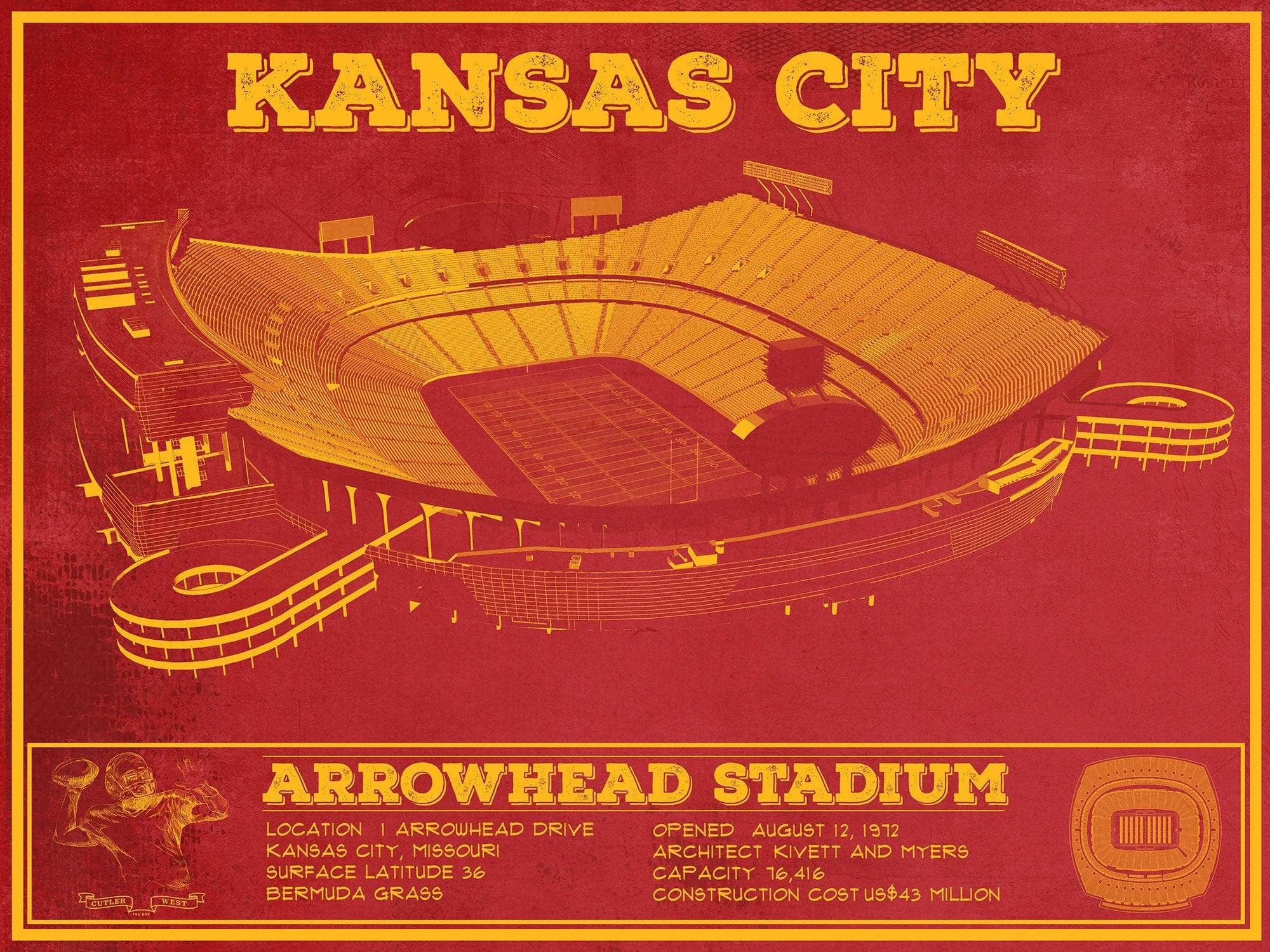 Cutler West Pro Football Collection 14" x 11" / Unframed Kansas City Chiefs Arrowhead Stadium Vintage Football Print 720500669-TOP