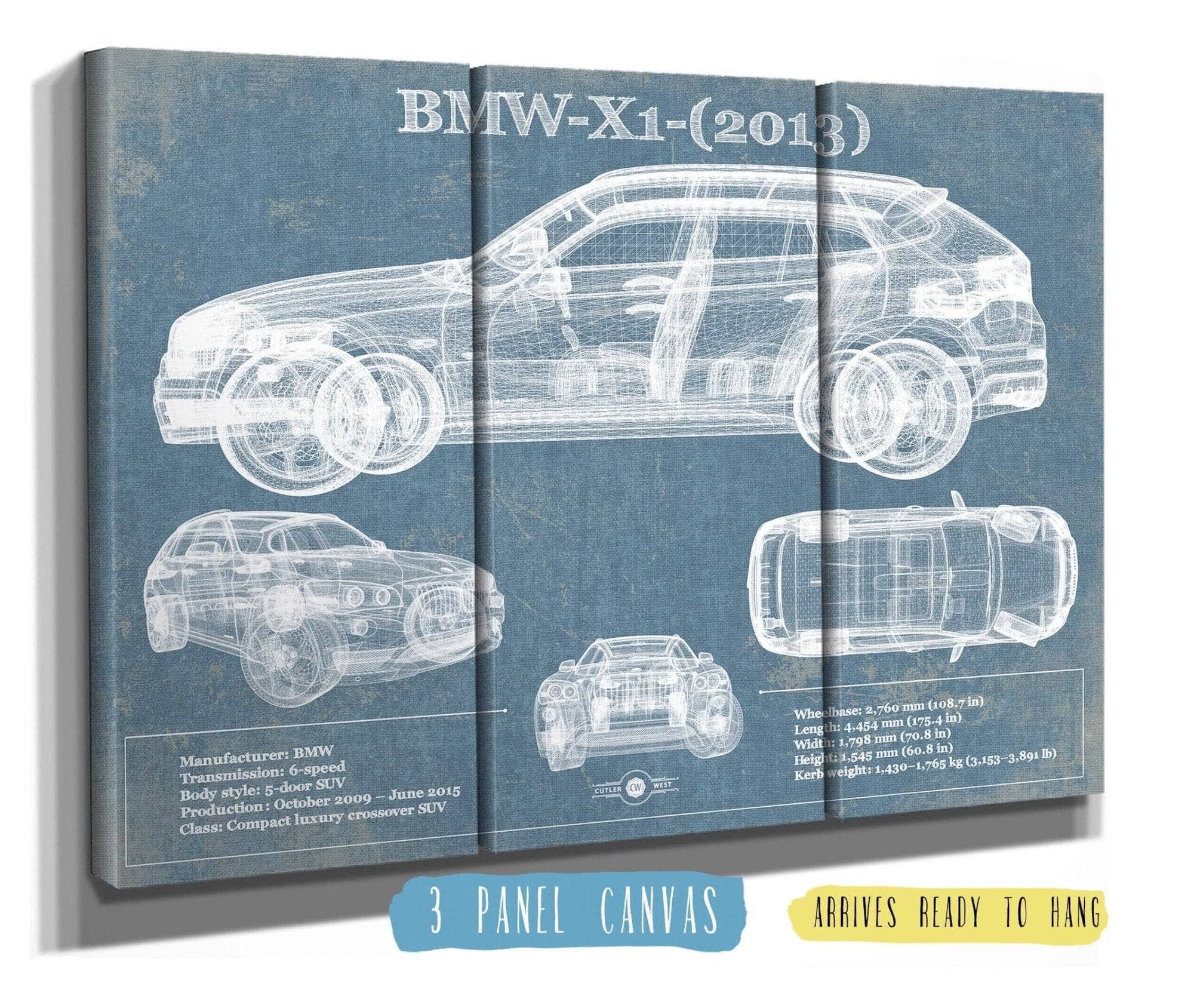 Cutler West Vehicle Collection 48" x 32" / 3 Panel Canvas Wrap BMW X1 (2013) Vintage Blueprint Auto Print 833110087_49183