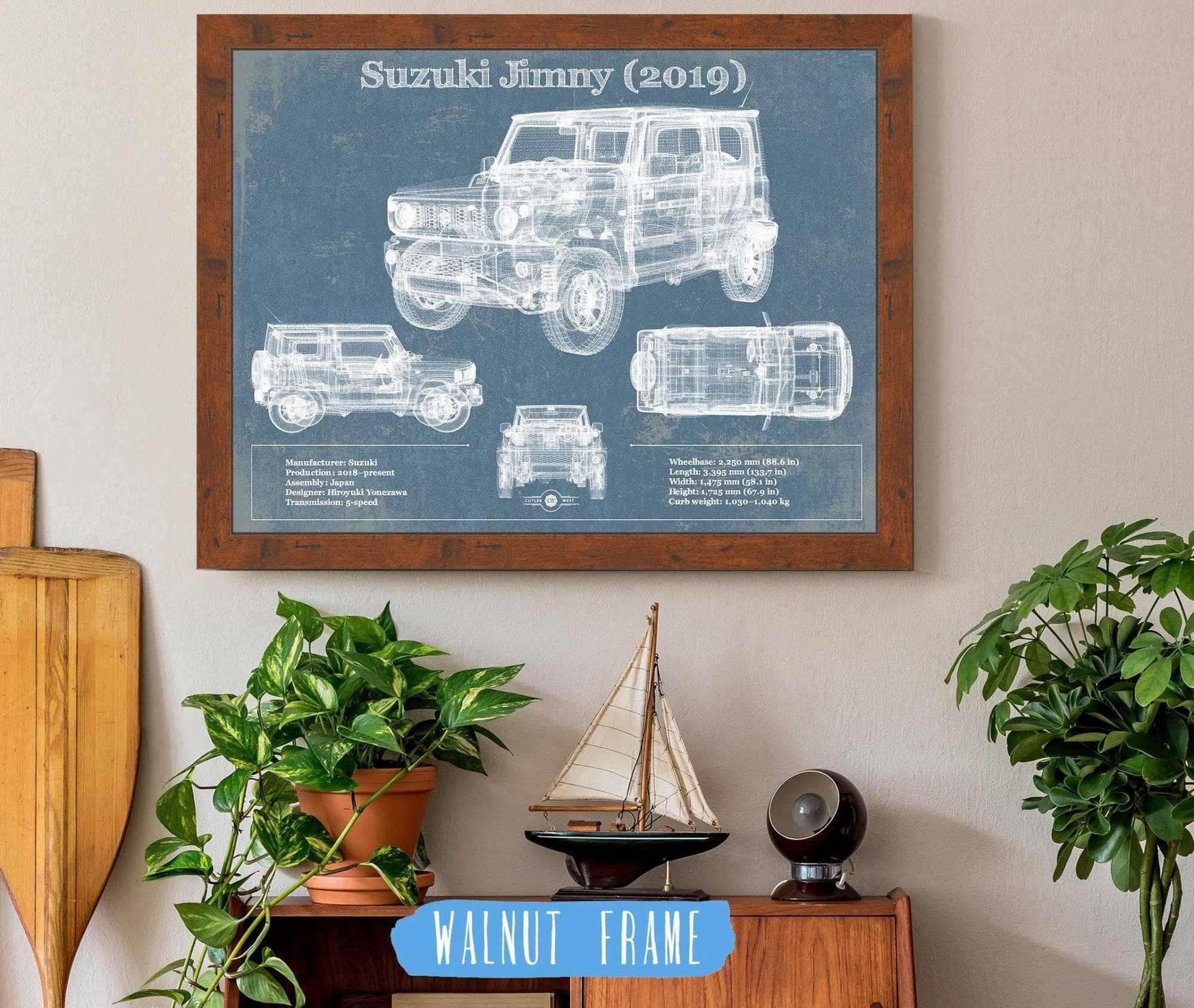 Cutler West Vehicle Collection 14" x 11" / Walnut Frame Suzuki Jimney 2019 Vintage Blueprint Auto Print 845000184_29007