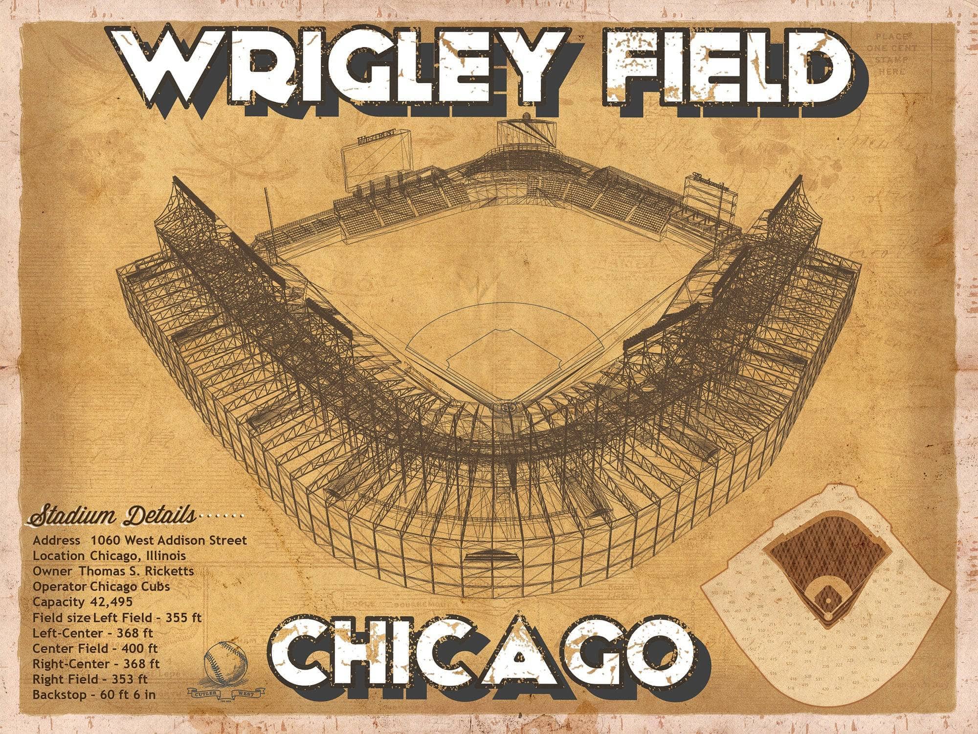 Cutler West 14" x 11" / Unframed Wrigley Field Print - Chicago Cubs Baseball Print 703108870-14"-x-11"6793