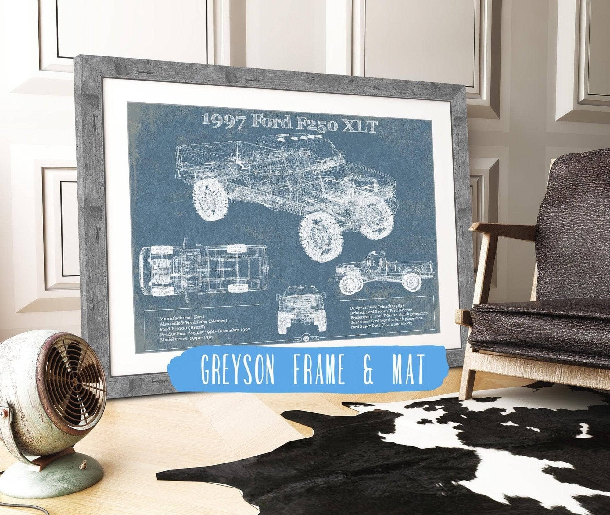 Cutler West Ford Collection 14" x 11" / Greyson Frame & Mat 1997 Ford F250 XLT Vintage Blueprint Auto Print 933311047_39439