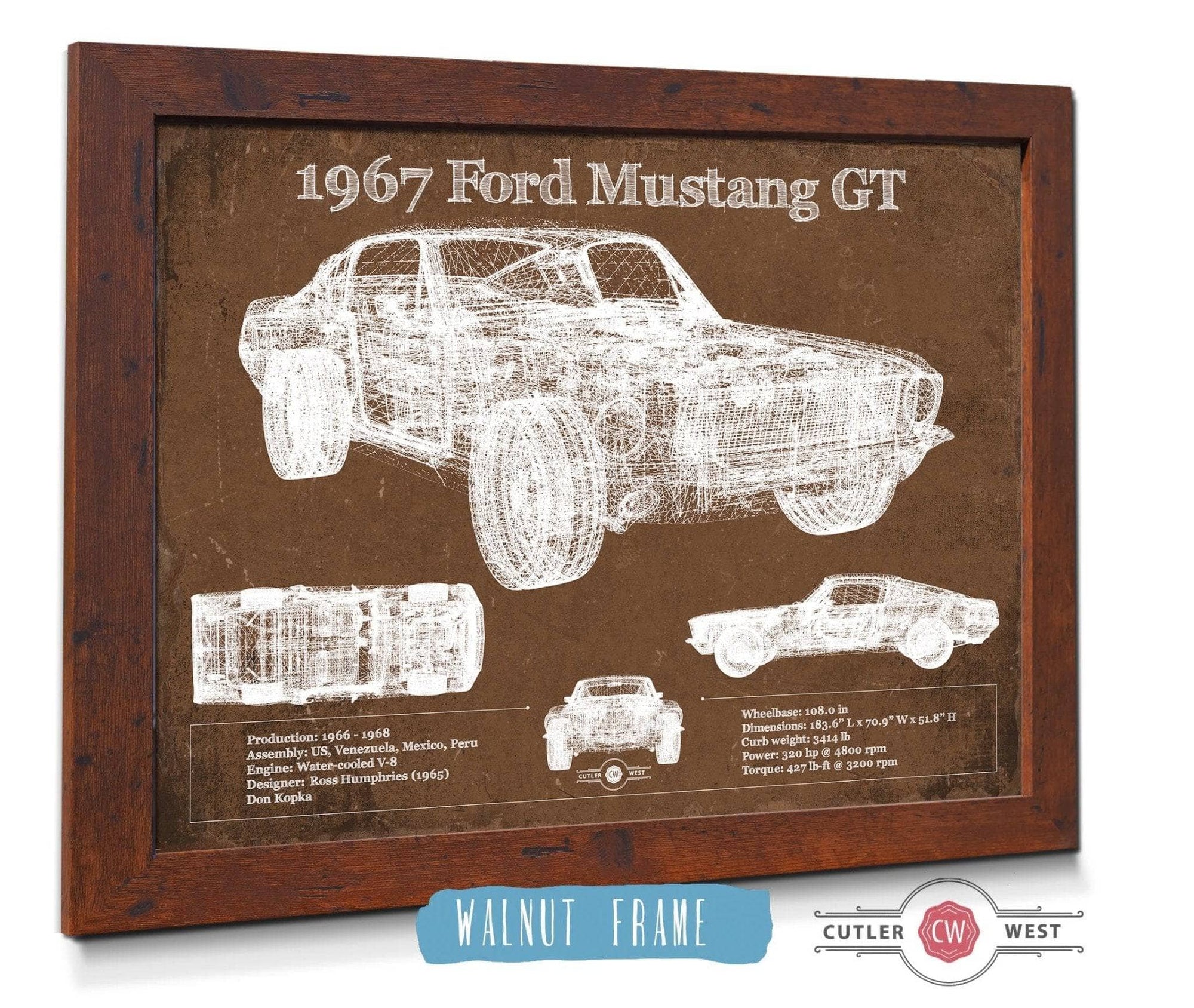 Cutler West Ford Collection 14" x 11" / Walnut Frame 1967 Ford Mustang GT Blueprint Vintage Auto Print 933350035_34089