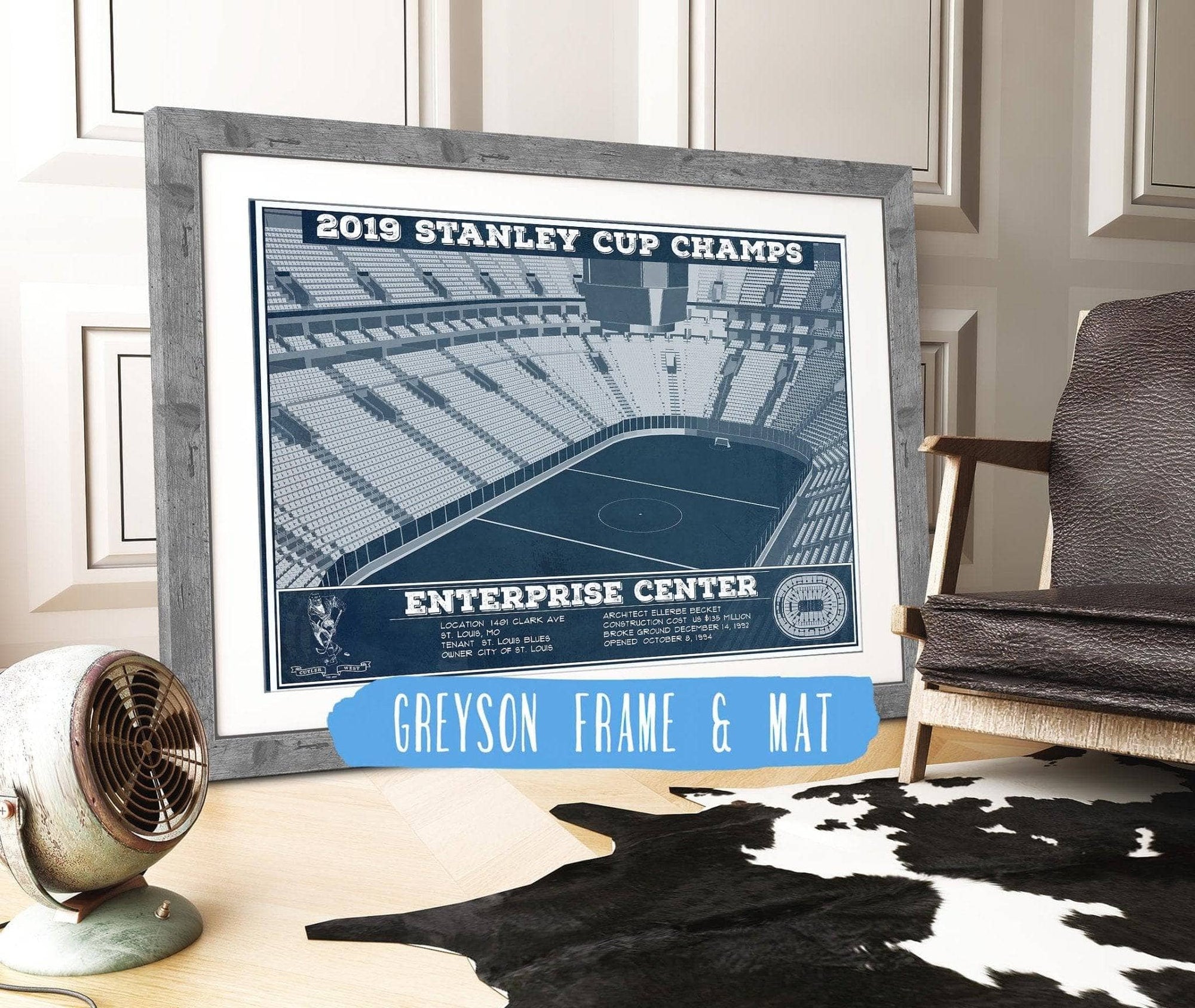 Cutler West 14" x 11" / Greyson Frame & Mat St. Louis Blues Enterprise 2019 Stanley Cup Champions - Vintage Hockey Team Color Print 933350140_25860