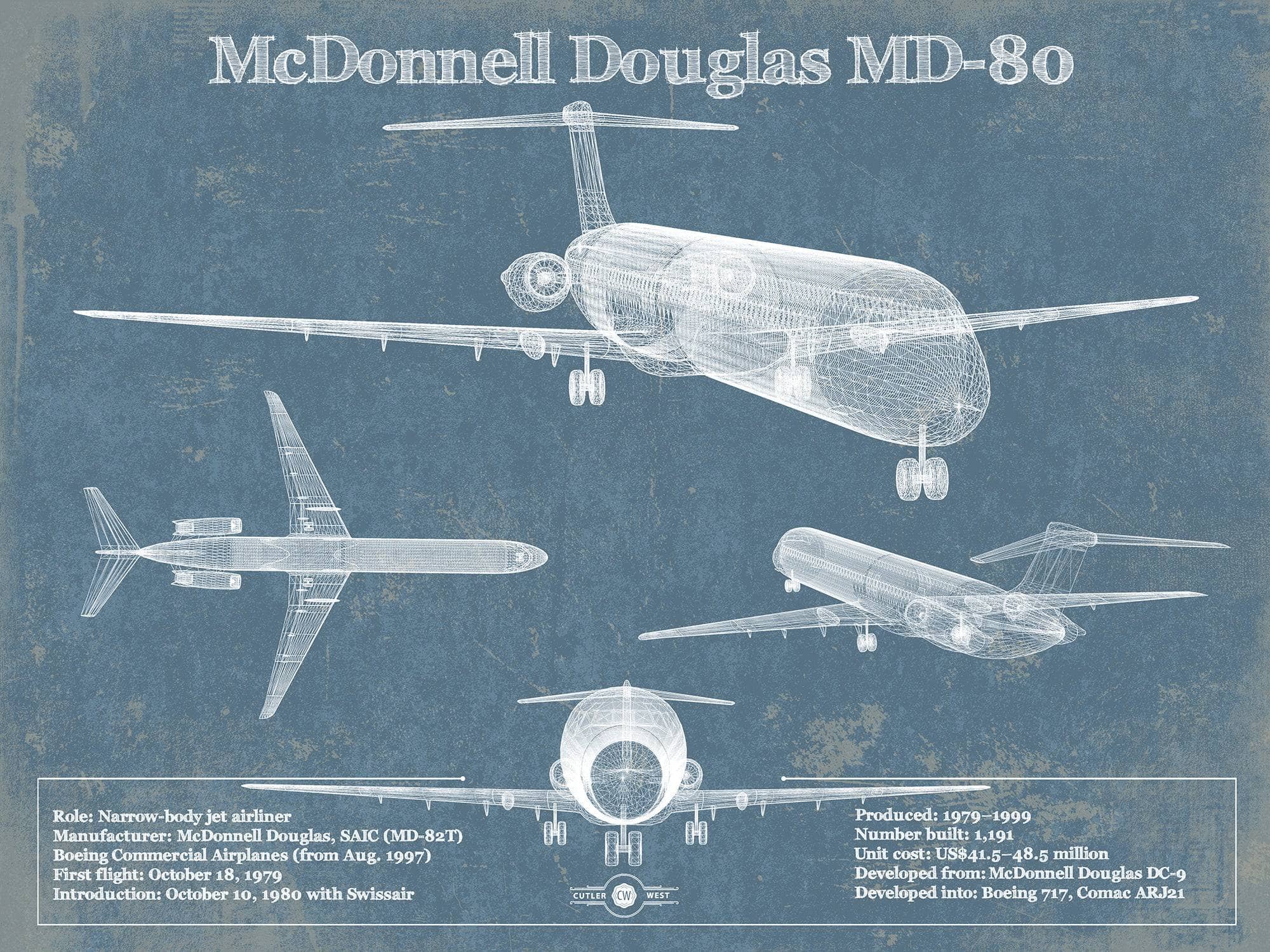 Cutler West McDonnell Douglas Collection 14" x 11" / Unframed McDonnell Douglas MD-80 Vintage Aviation Blueprint Print 883643400_17212