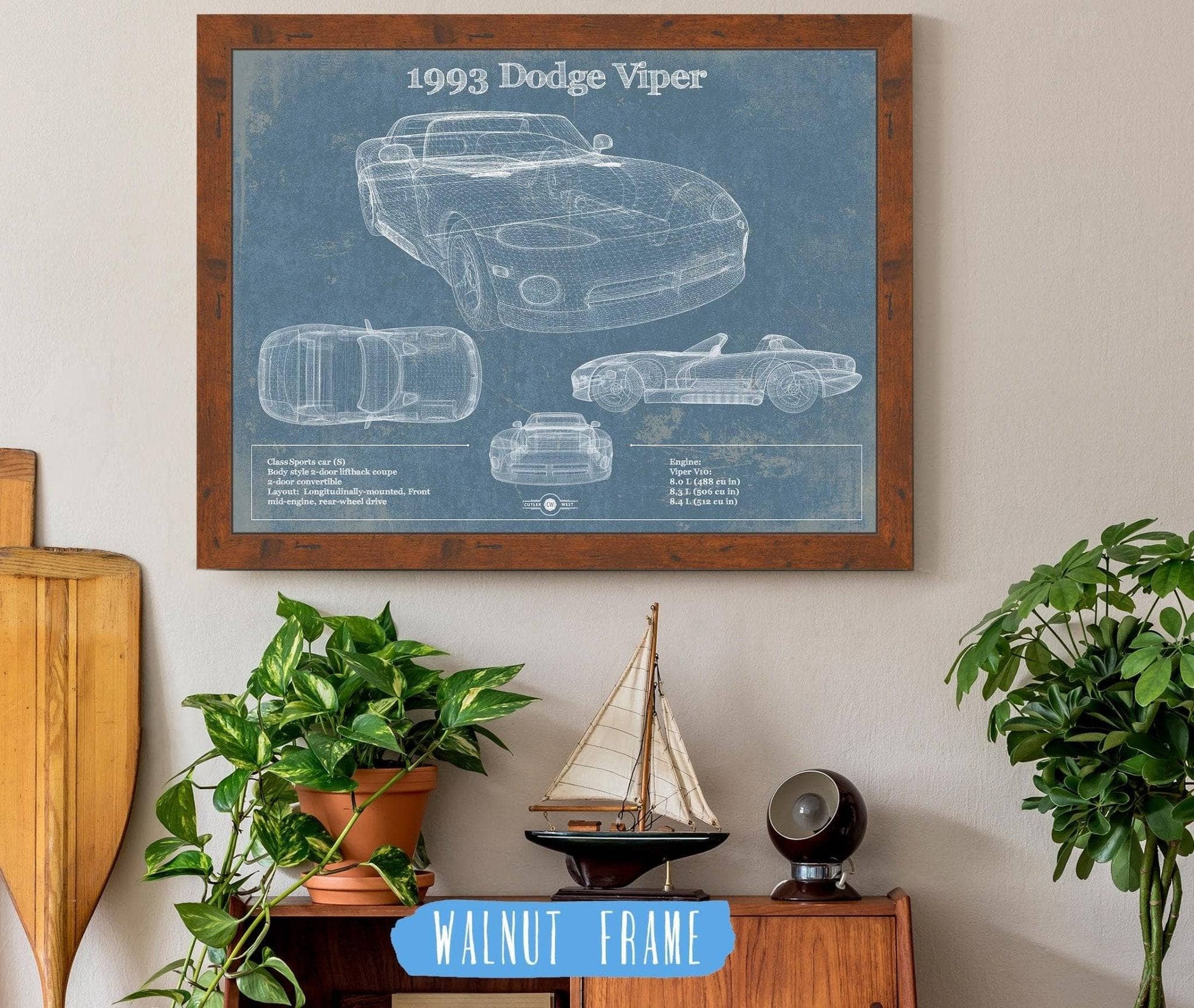Cutler West Dodge Collection 14" x 11" / Walnut Frame 1993 Dodge Viper Vintage Blueprint Auto Print 933350122_39632