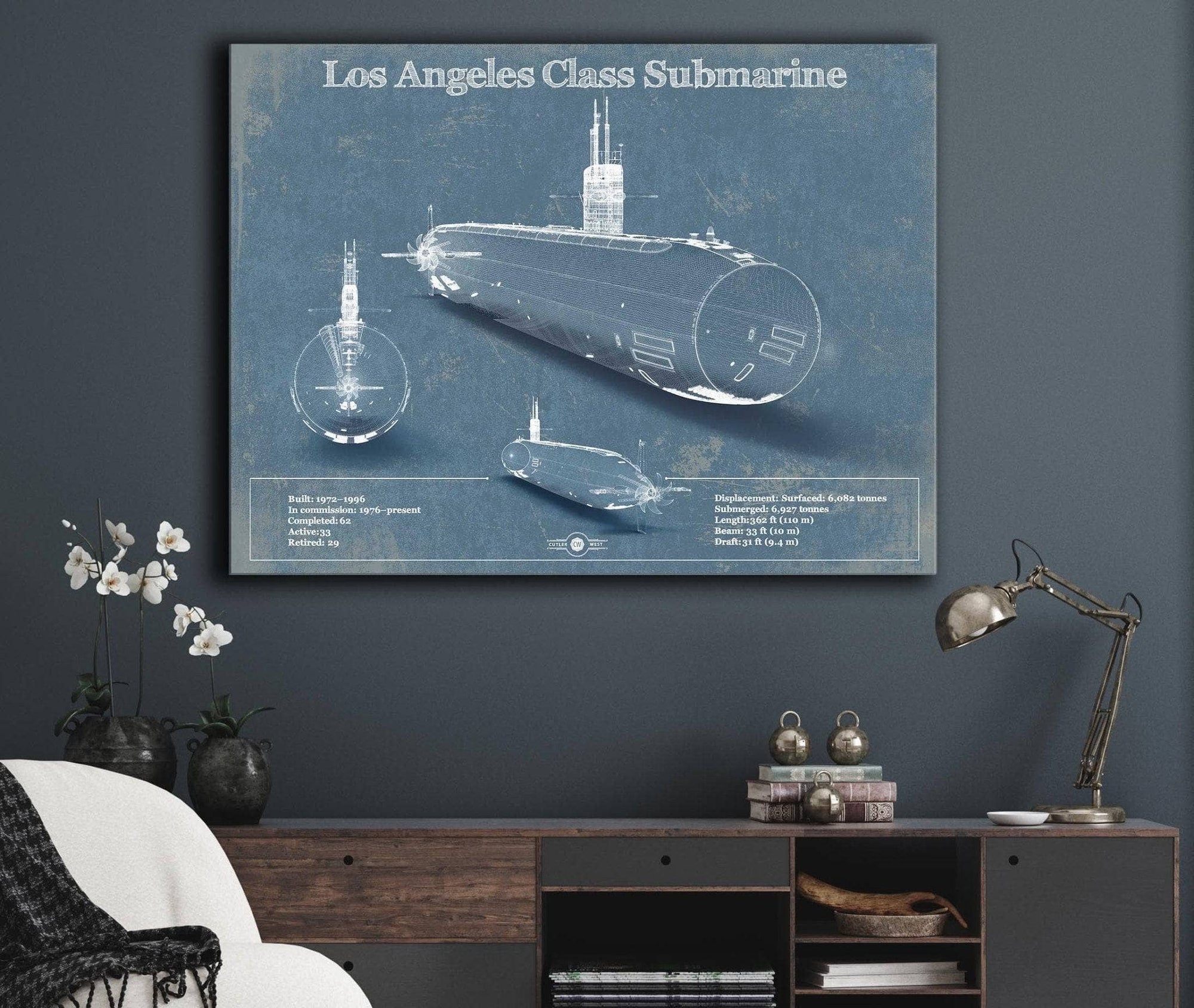 Cutler West Naval Military Los Angeles-class submarine Blueprint Patent Original Art