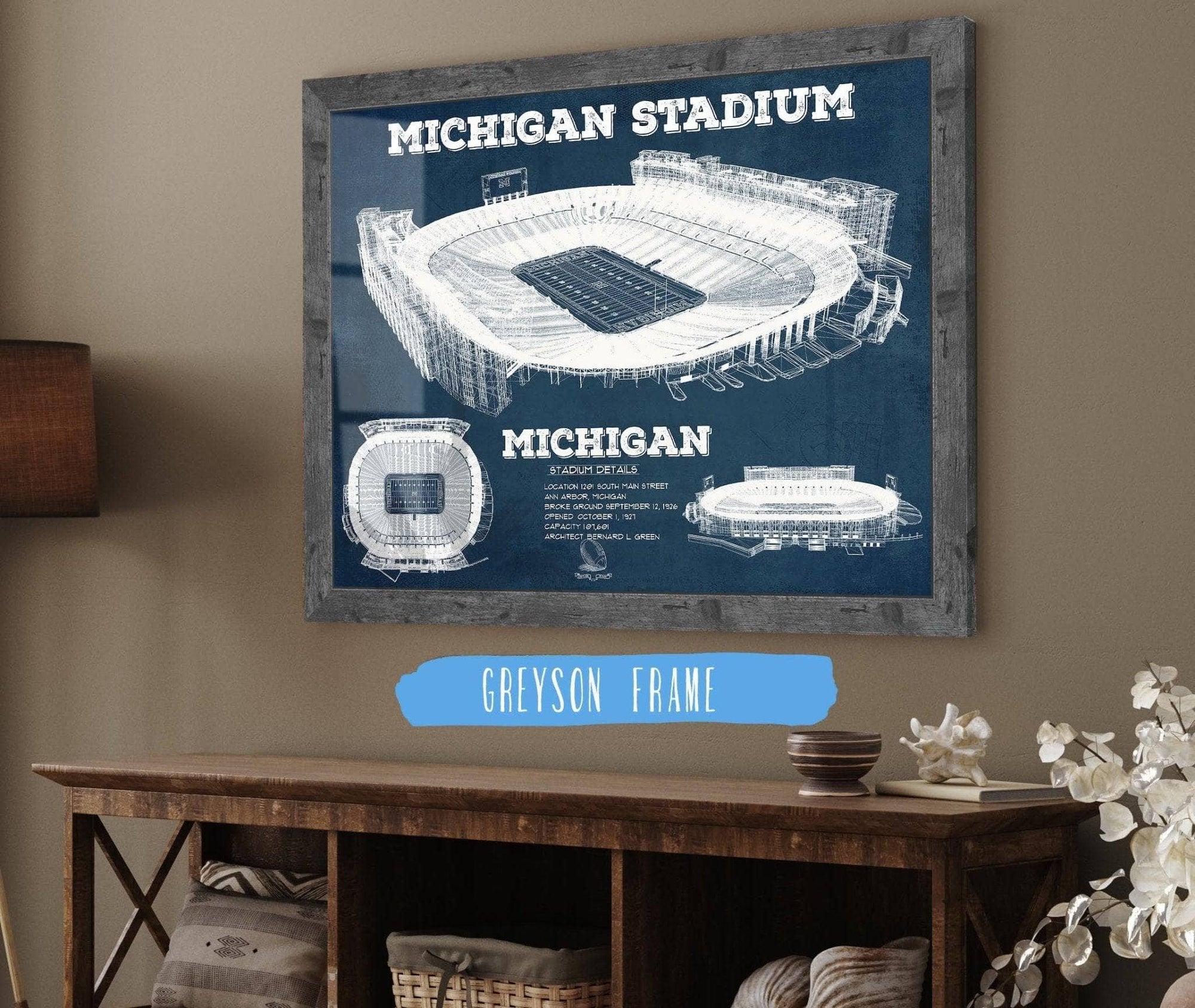Cutler West College Football Collection 14" x 11" / Greyson Frame Michigan Wolverines Art - Michigan Stadium Vintage Stadium Blueprint Art Print 736786013_74063