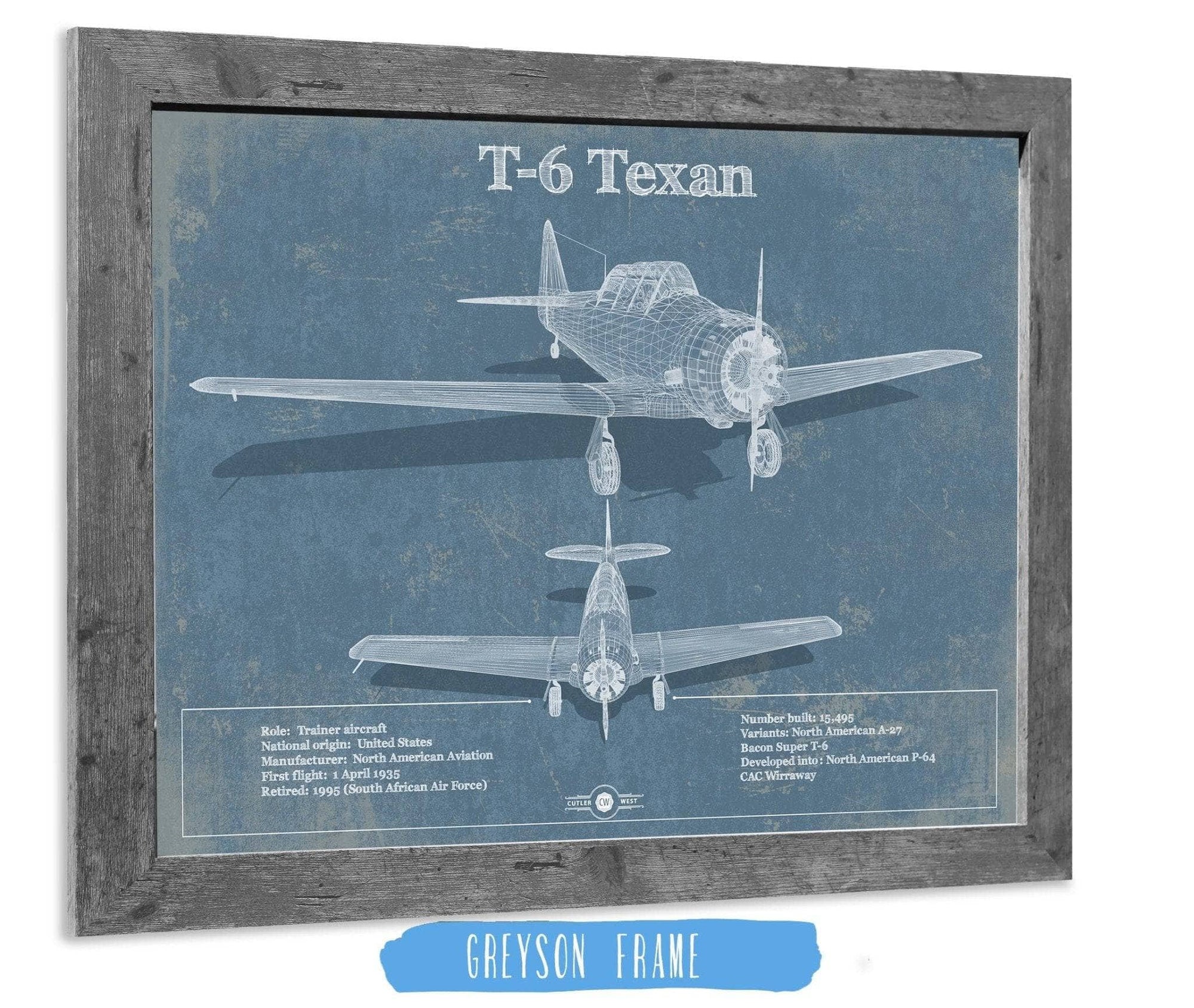 Cutler West Military Aircraft 14" x 11" / Greyson Frame T-6 Texan Aircraft Blueprint Original Military Wall Art 787363204_31321