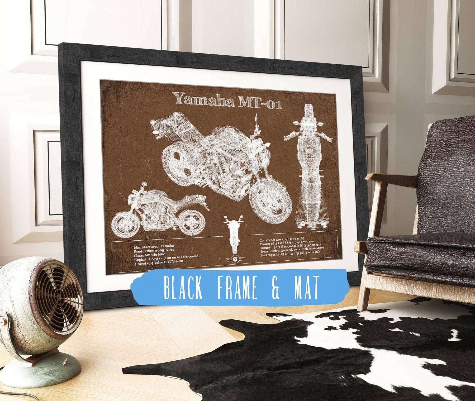Cutler West 14" x 11" / Black Frame & Mat Yamaha MT-01 Blueprint Motorcycle Patent Print 933350089-14"-x-11"5013