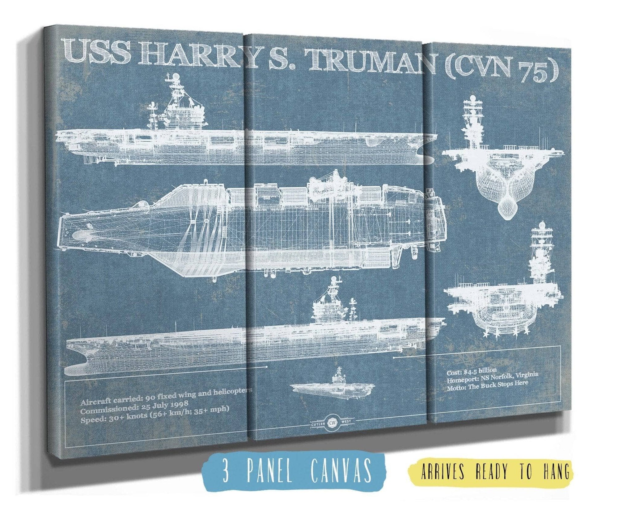 Cutler West Naval Military 48" x 32" / 3 Panel Canvas Wrap USS Harry S. Truman (CVN 75) Aircraft Carrier Blueprint Original Military Wall Art 835000056_24384
