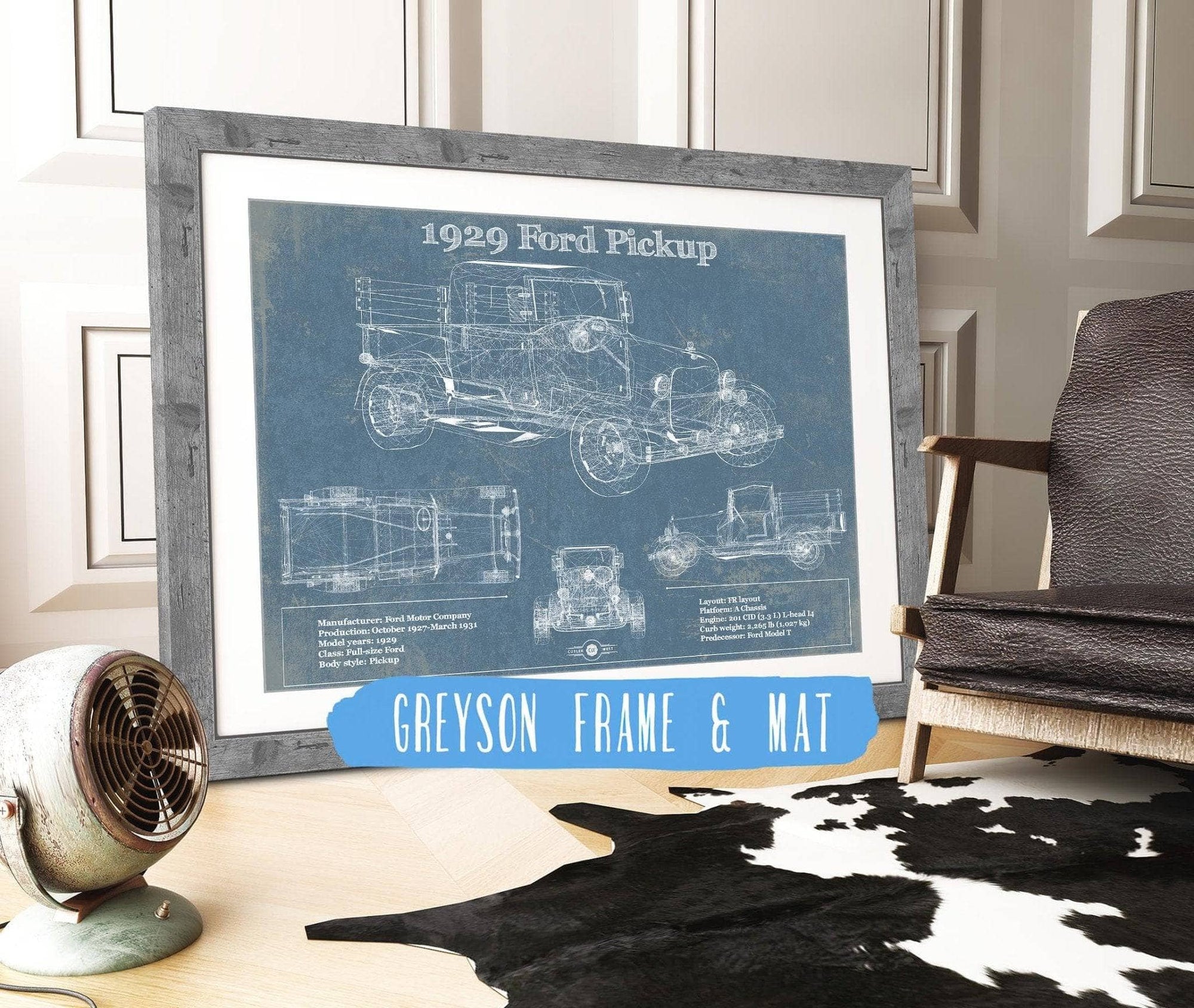 Cutler West Ford Collection 14" x 11" / Greyson Frame & Mat 1929 Ford Model A Pickup Vintage Blueprint Auto Print 933311040_32972