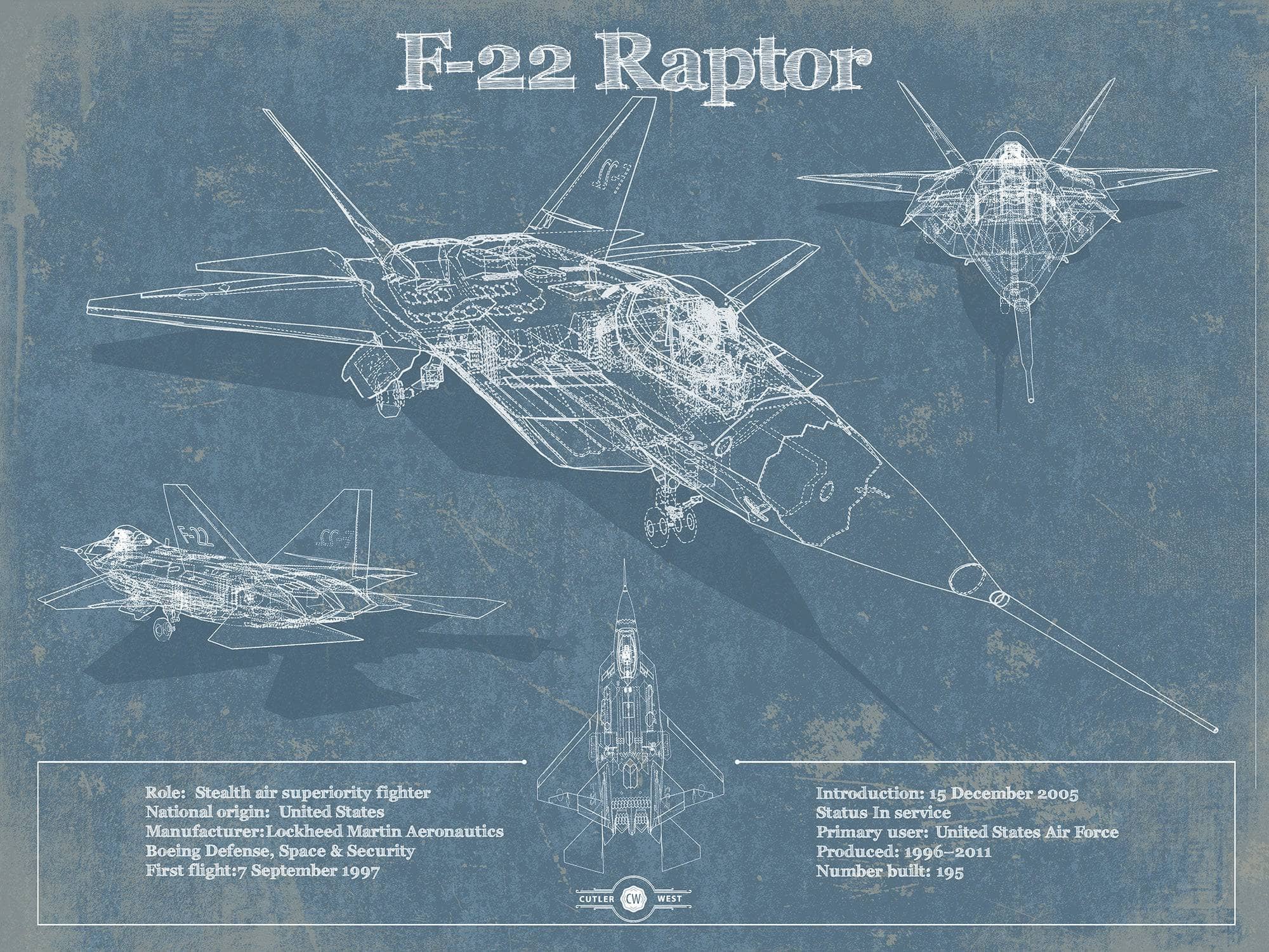 Cutler West Best Selling Collection 14" x 11" / Unframed F-22 Raptor Aviation Blueprint Military Print - Custom Name and Squadron Text 803915045-TOP