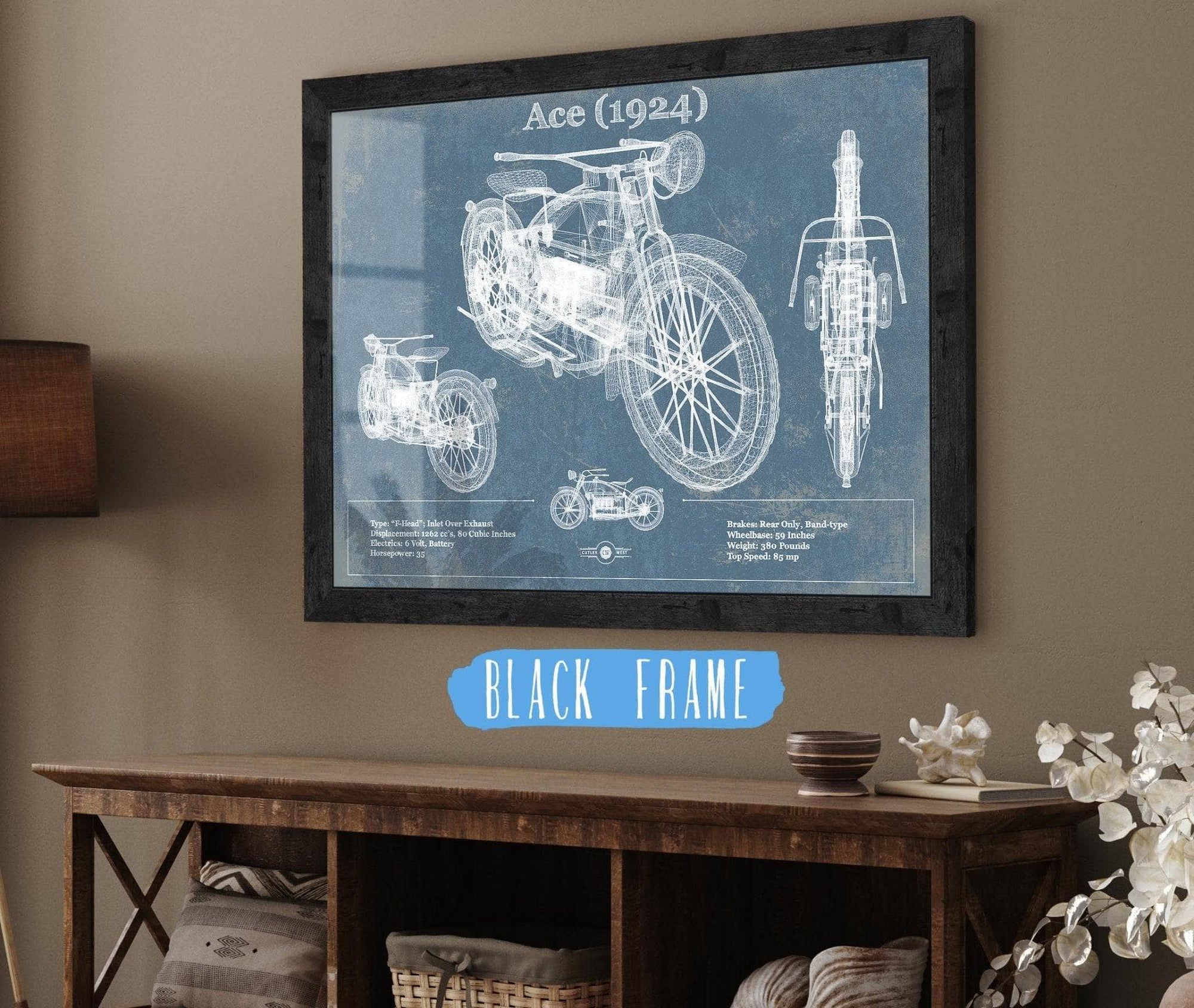 Cutler West Vehicle Collection 14" x 11" / Black Frame Ace (1924) Blueprint Motorcycle Patent Print 833110074_38904