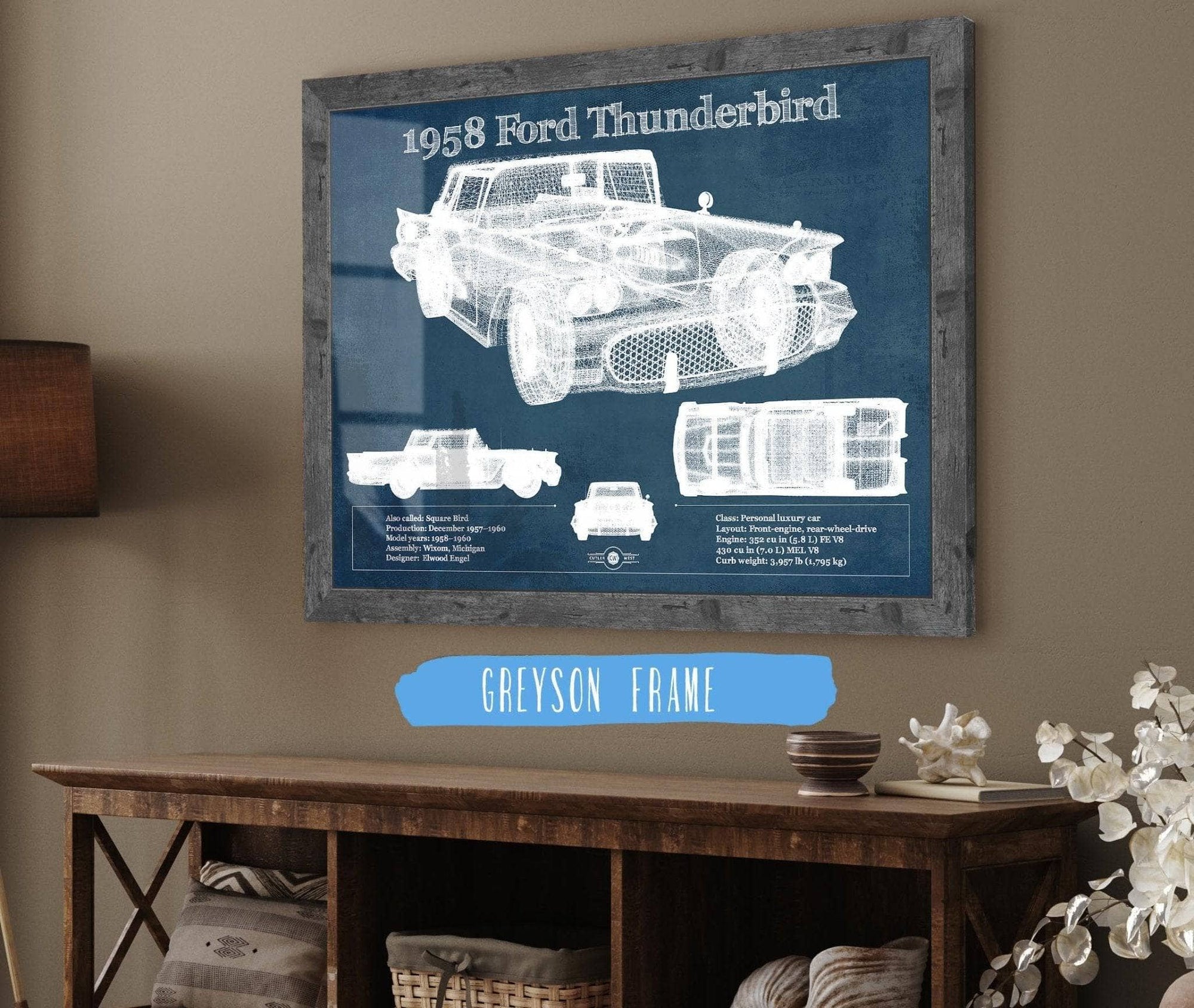 Cutler West Ford Collection 1958 Ford Thunderbird Vintage Blueprint Auto Print
