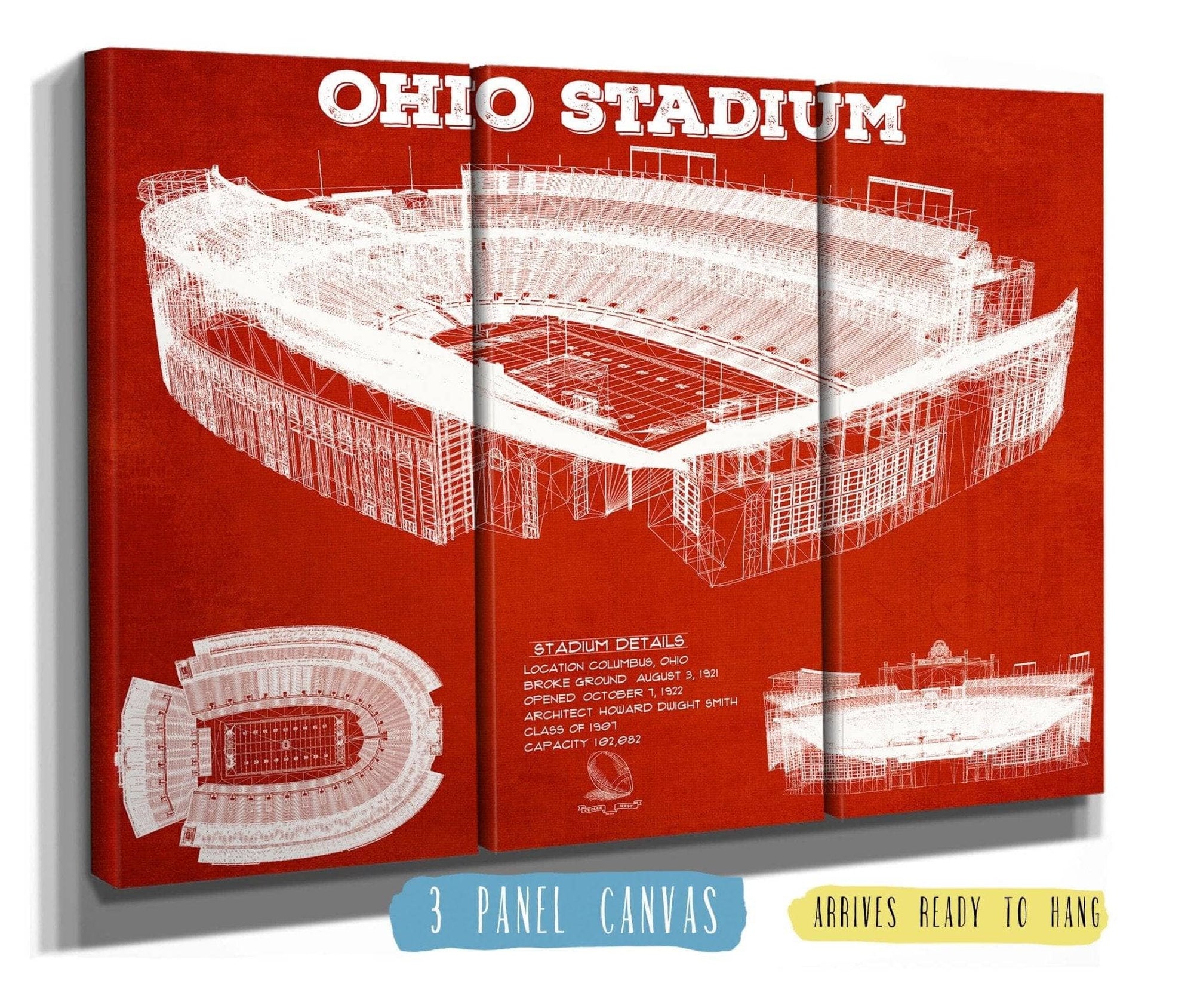 Cutler West Best Selling Collection 48" x 32" / 3 Panel Canvas Wrap Ohio State Buckeyes Art - Ohio Stadium Vintage Stadium Blueprint Art Print 722811916-TOP