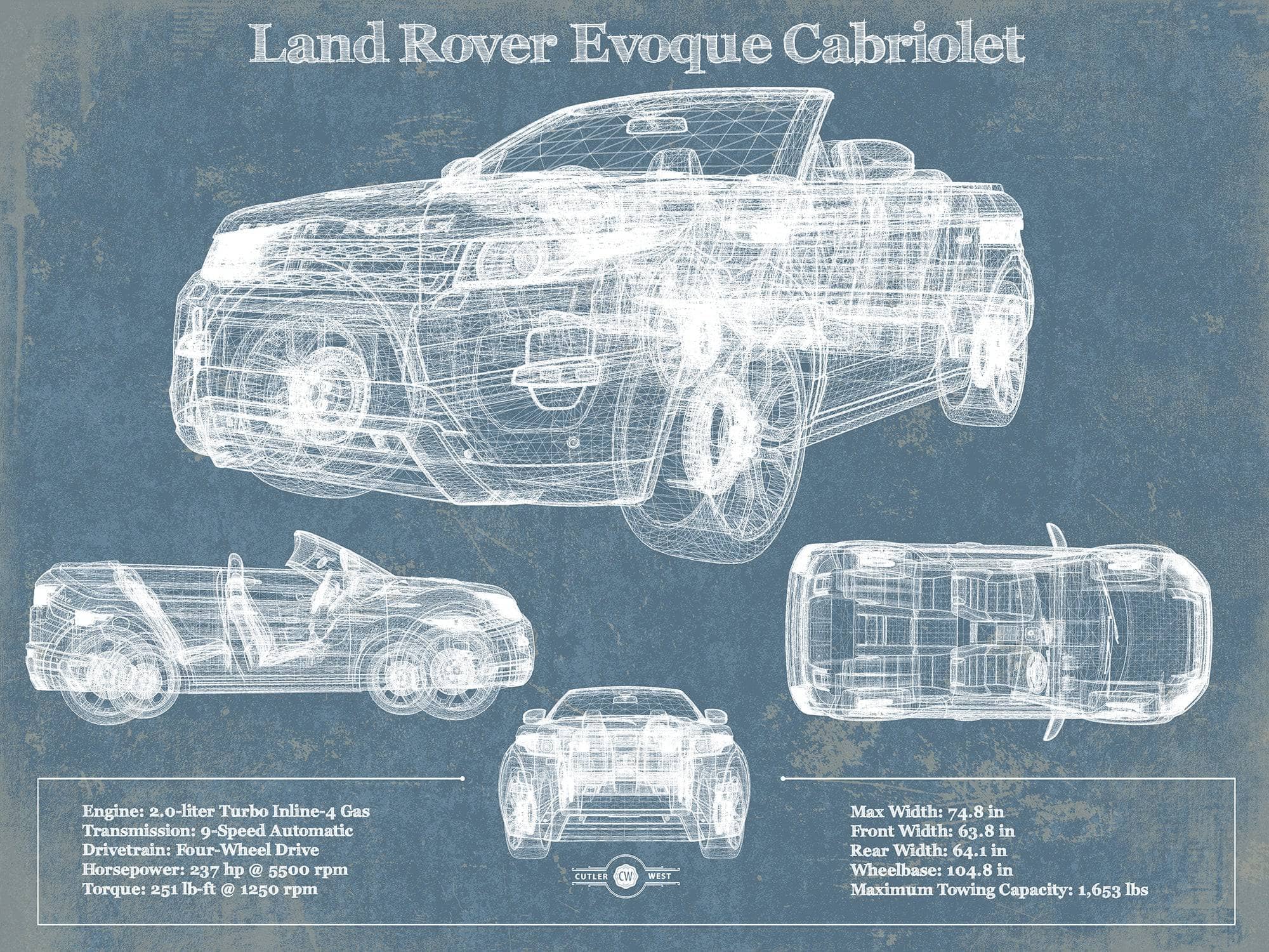Cutler West Land Rover Collection 14" x 11" / Unframed Land Rover Evoque Cabriolet Blueprint Vintage Auto Print 833110069_9829