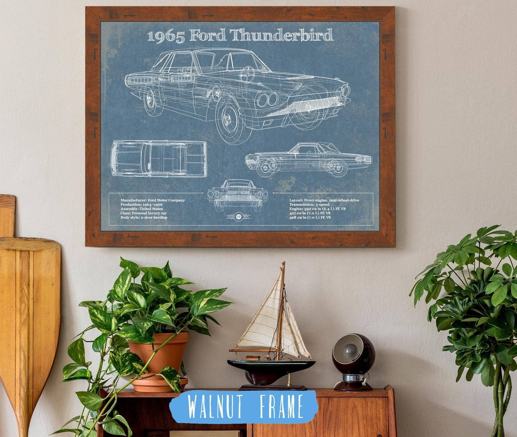 Cutler West Ford Collection 14" x 11" / Walnut Frame 1965 Ford Thunderbird Blueprint Vintage Auto Print 833110123_32043