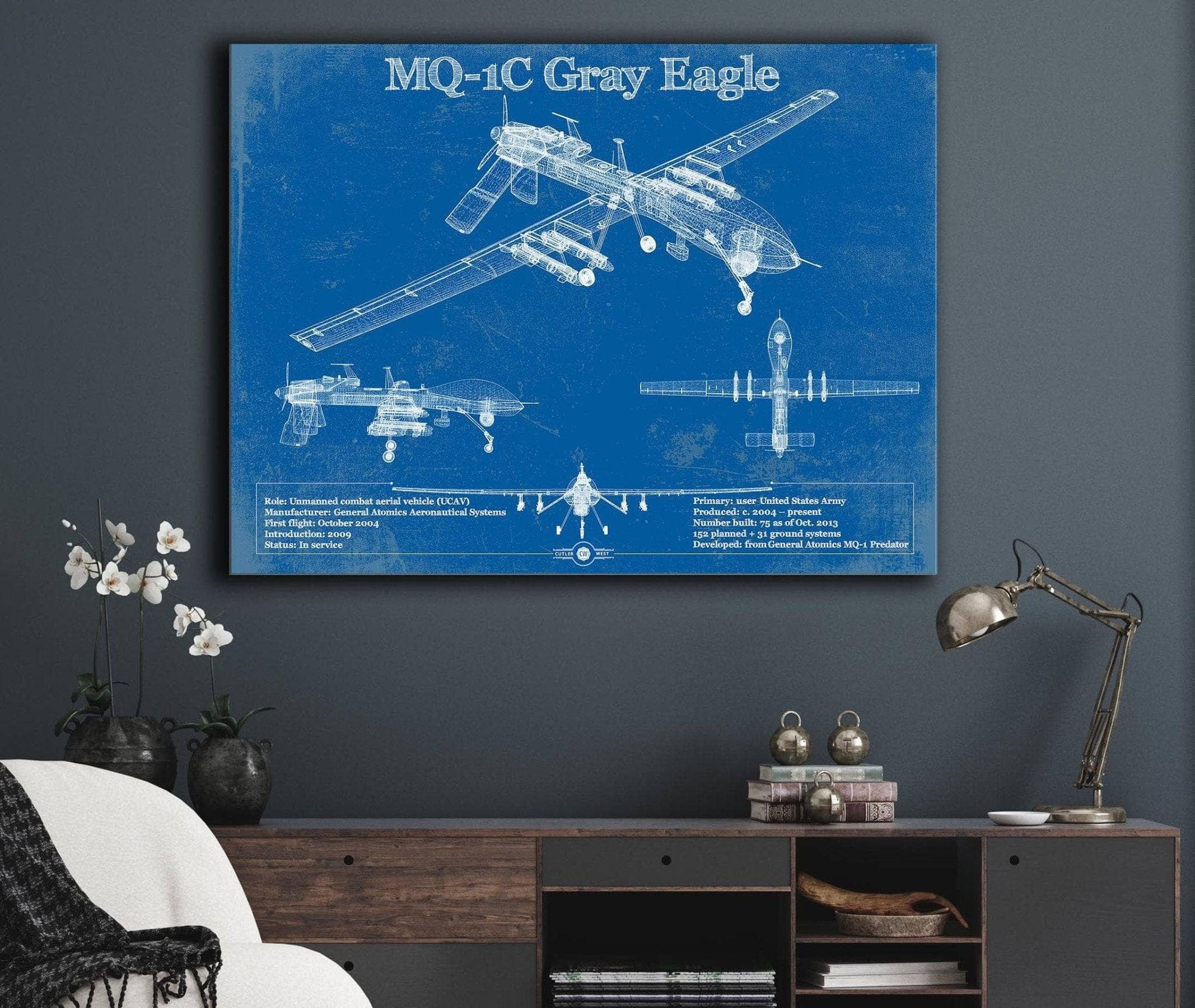 Cutler West Military Aircraft UAV MQ-1C Gray Eagle Vintage Aviation Blueprint Military Print