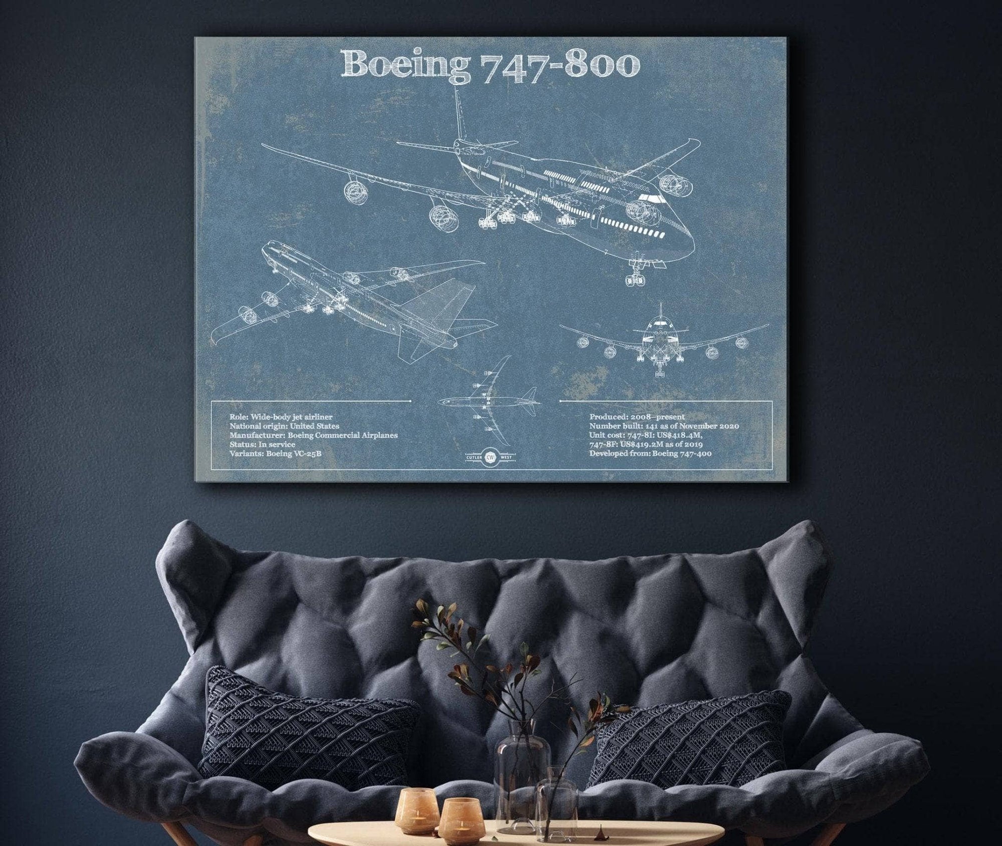 Cutler West Boeing Collection Boeing 747-800 Vintage Aviation Blueprint Print - Custom Pilot Name Can Be Added