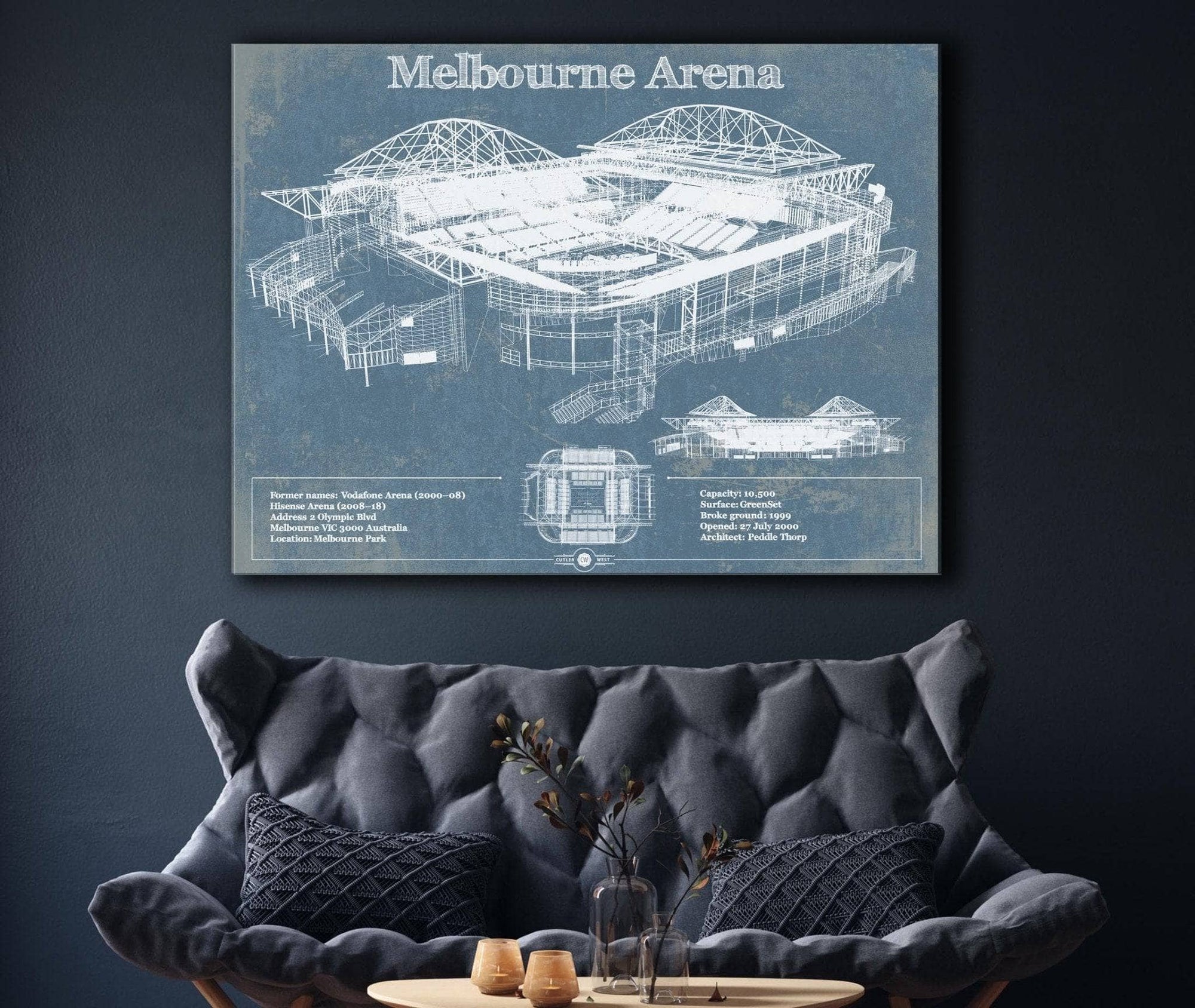 Cutler West Tennis Arena Melbourne Arena - Vintage Australian Open Tennis Blueprint Art