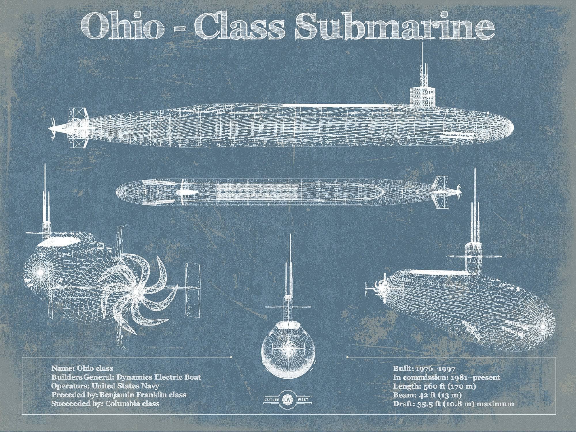 Cutler West Naval Military 14" x 11" / Unframed Ohio SSBN Nuclear Ballistic Missile Submarine Blueprint Patent Original Art - Customizable 933350069_20638