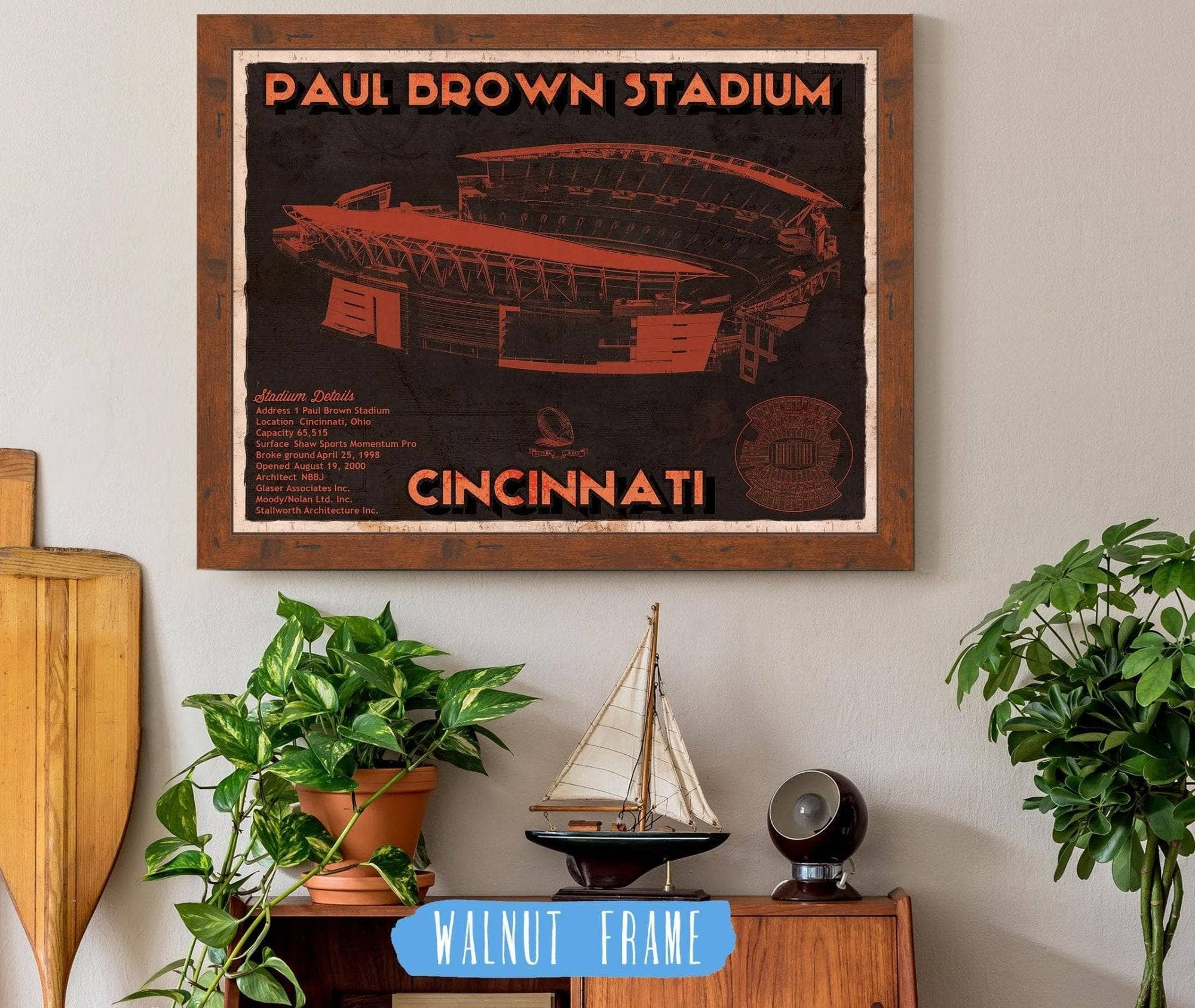 Cutler West Pro Football Collection 14" x 11" / Walnut Frame Cincinnati Bengals Paul Brown Stadium - Vintage Football Print 661536575_53492