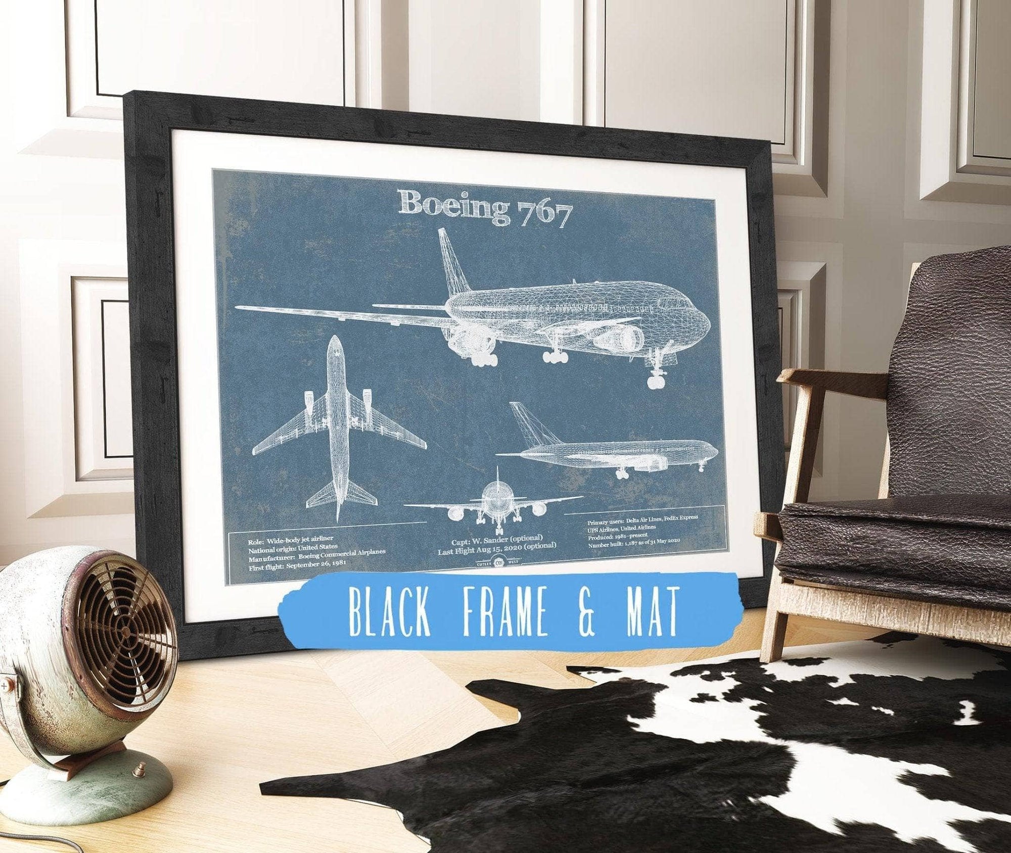 Cutler West Boeing Collection 14" x 11" / Black Frame & Mat Boeing 767 Vintage Aviation Blueprint Print - Custom Pilot Name Can Be Added 835000103_51313