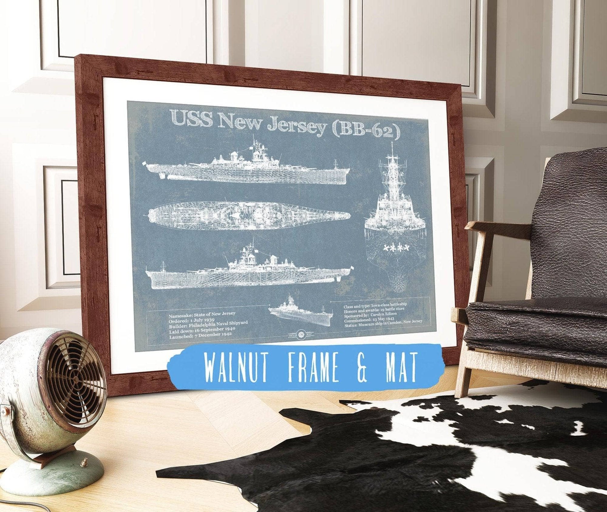 Cutler West Naval Military 14" x 11" / Walnut Frame & Mat USS New Jersey (BB-62) Battleship Blueprint Original Military Wall Art - Customizable 933350068_24536