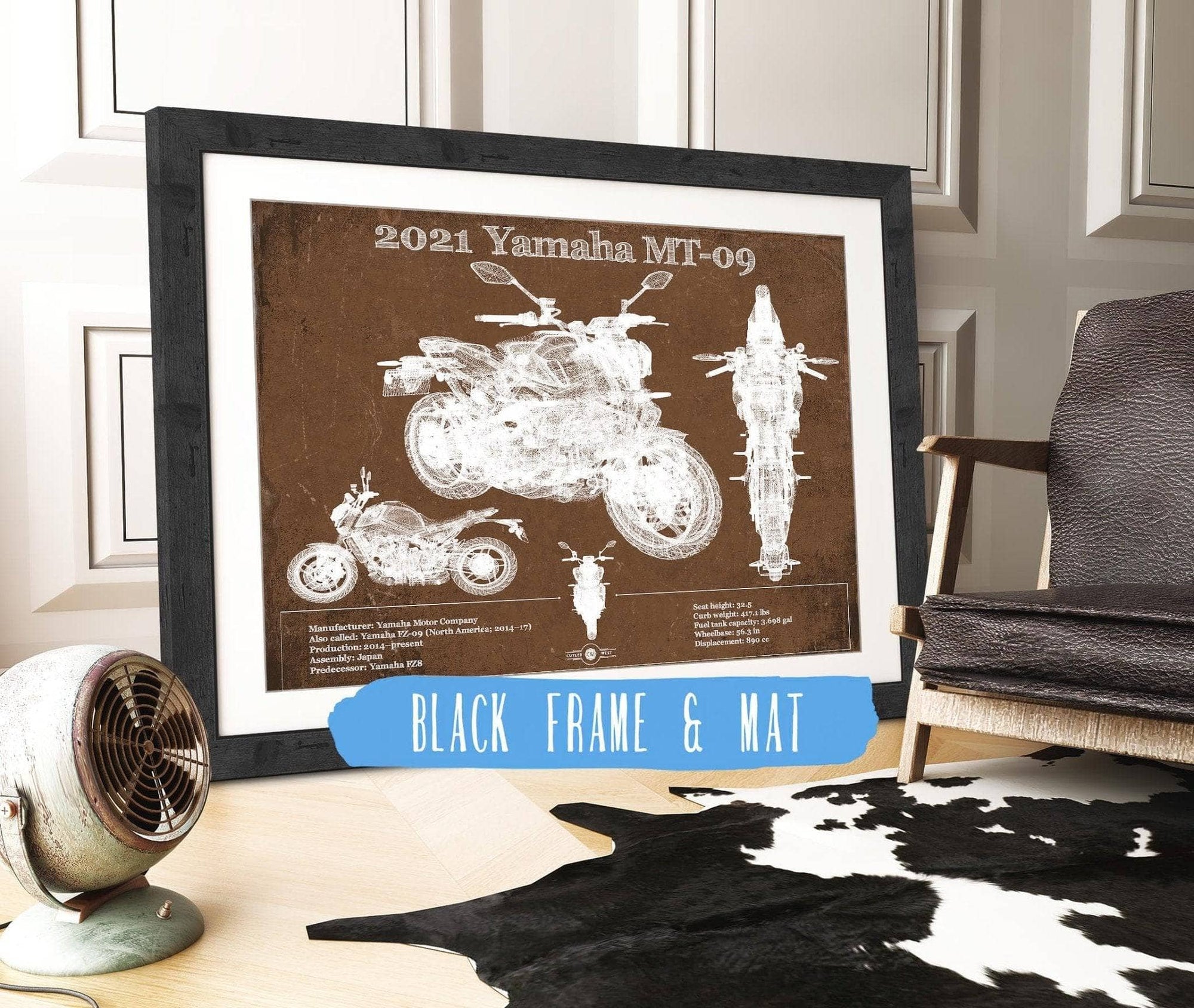 Cutler West 14" x 11" / Black Frame & Mat 2021 Yamaha Mt 09 Vintage Blueprint Auto Print 933311146_37321