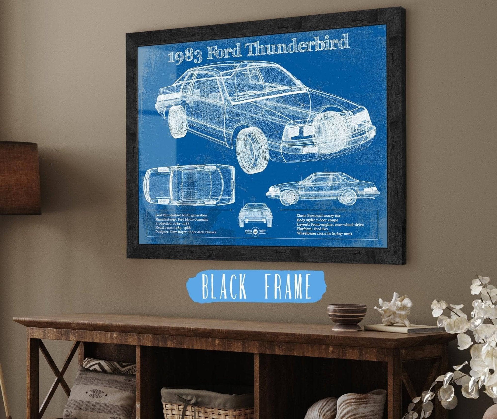 Cutler West Ford Collection 14" x 11" / Black Frame 1983 Ford Thunderbird Vintage Blueprint Auto Print 933311011_39960