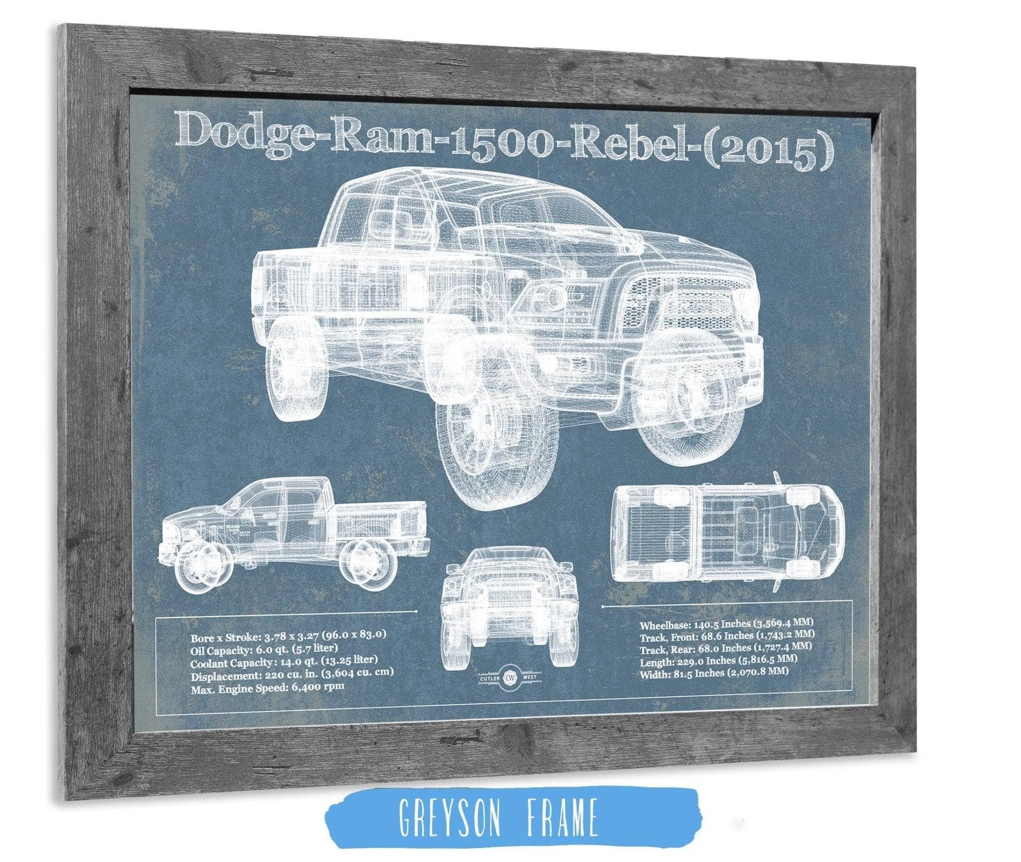 Cutler West Dodge Collection 14" x 11" / Greyson Frame Dodge Ram 1500 Rebel (2015) Vintage Blueprint Auto Print 833110096_58578