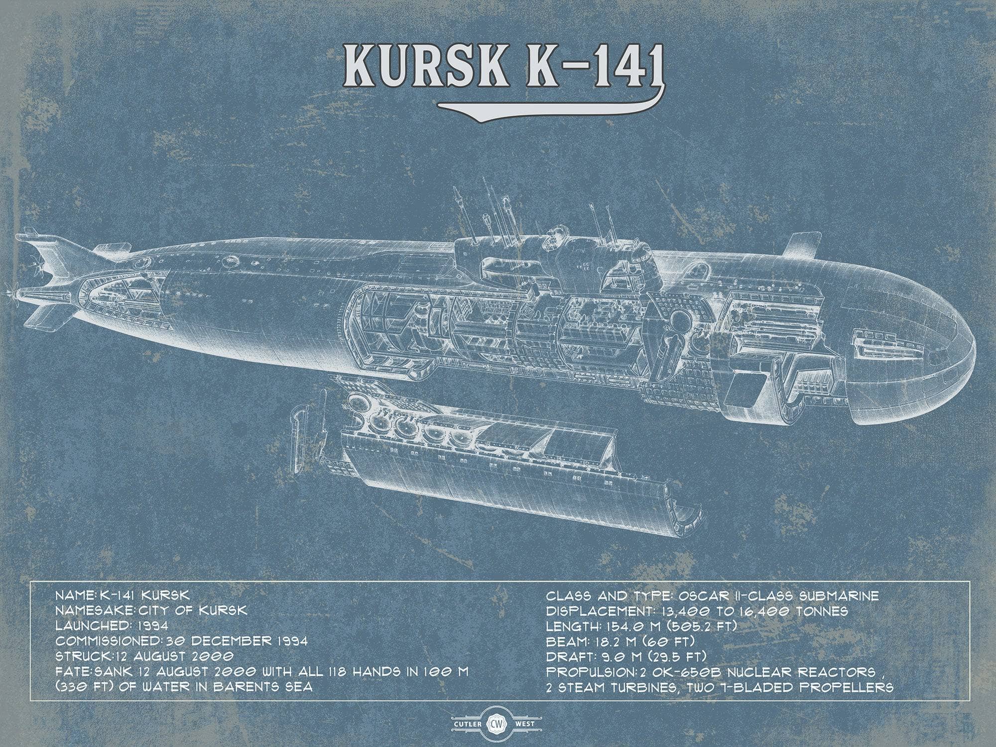 Cutler West Naval Military Kursk K-141 Russian Submarine  Vintage Maritime Print