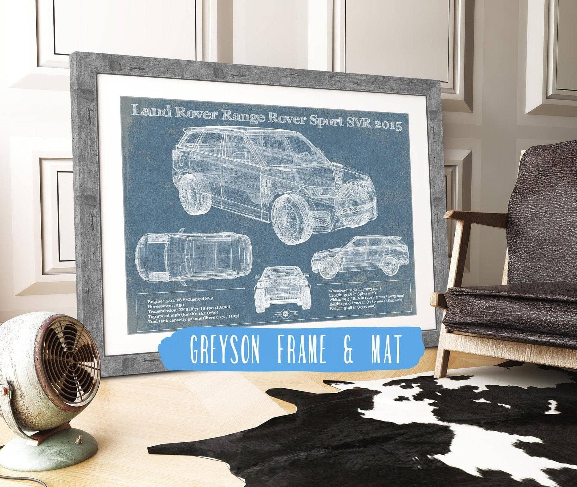Cutler West Land Rover Collection 14" x 11" / Greyson Frame & Mat Land Rover Range Rover Sport SVR 2015 Vintage Blueprint Auto Print 833110165_13528