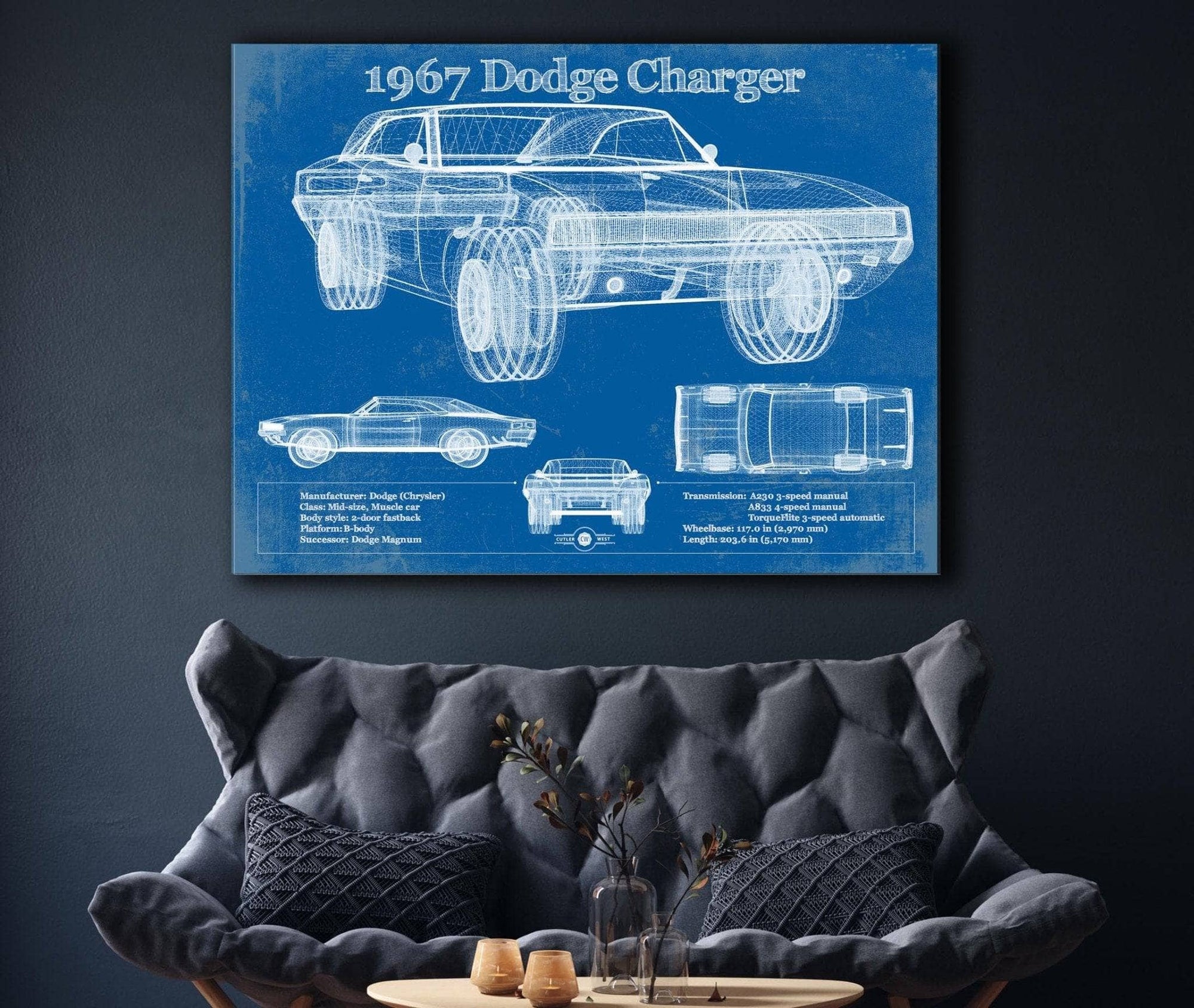Cutler West Dodge Collection 1967 Dodge Charger Vintage Blueprint Auto Print
