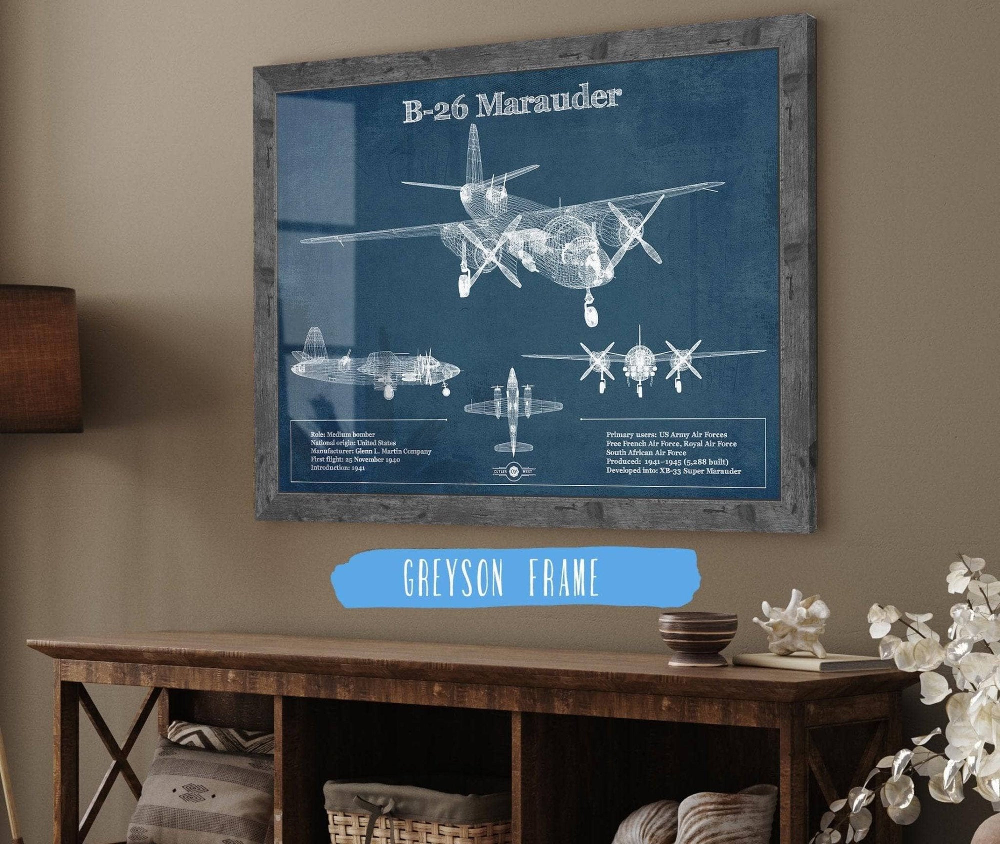 Cutler West Military Aircraft Martin B-26 Marauder - Medium Bomber Vintage Aviation Blueprint Print