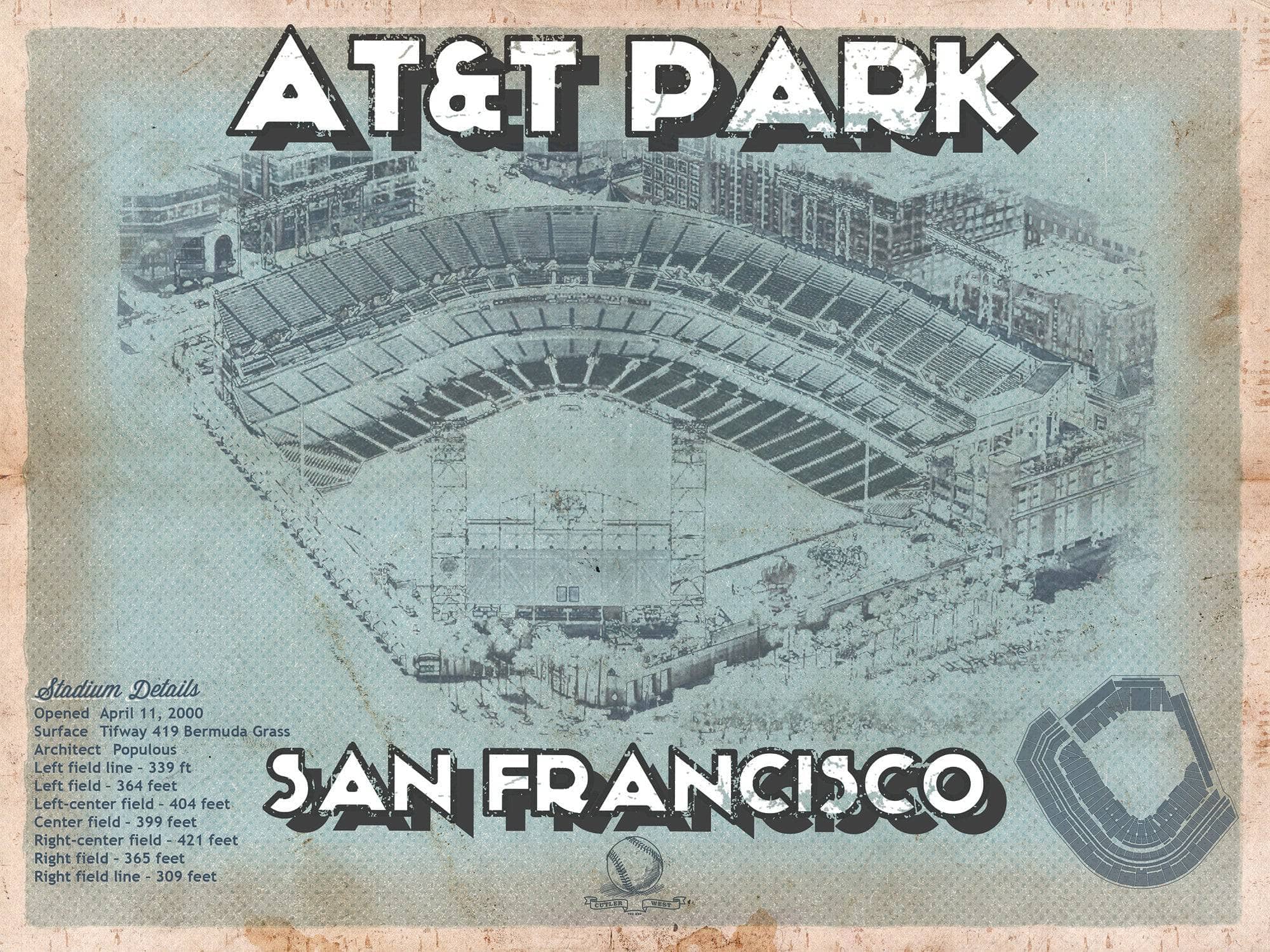 Cutler West Baseball Collection 14" x 11" / Unframed San Francisco Giants - AT&T Park Vintage Baseball Print 662435265-TOP_51971