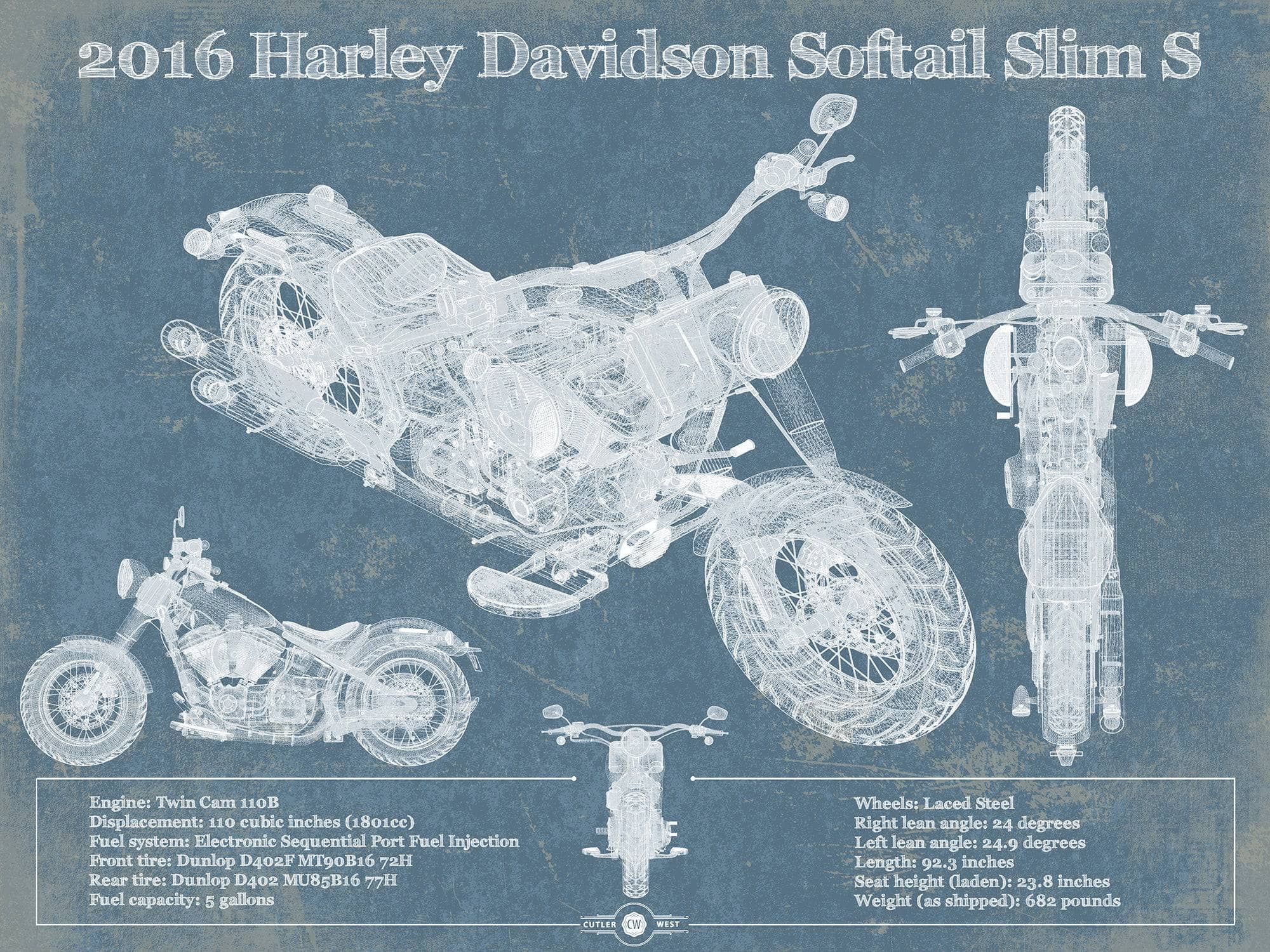 Cutler West 14" x 11" / Unframed Harley-Davidson Softail Slim S Motorcycle Patent Print 933311091
