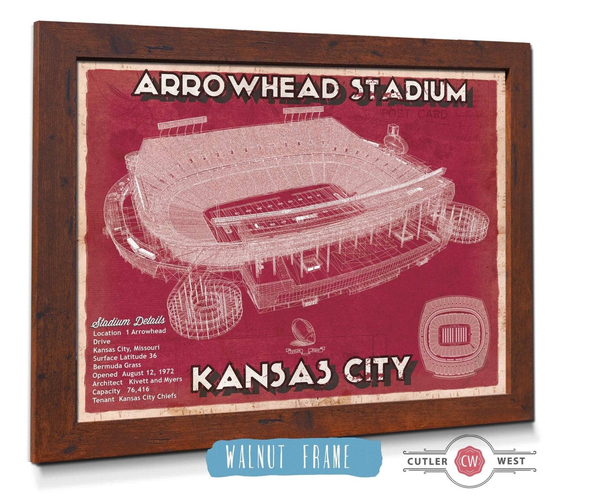 Cutler West Pro Football Collection 14" x 11" / Walnut Frame Kansas City Chiefs Arrowhead Stadium Vintage Football Print 698887690