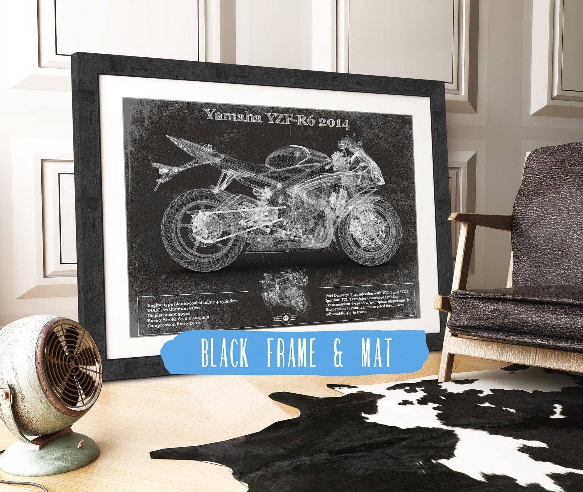 Cutler West 14" x 11" / Black Frame & Mat Yamaha YZF-R6 2014 Blueprint Motorcycle Patent Print 845000204-14"-x-11"7125