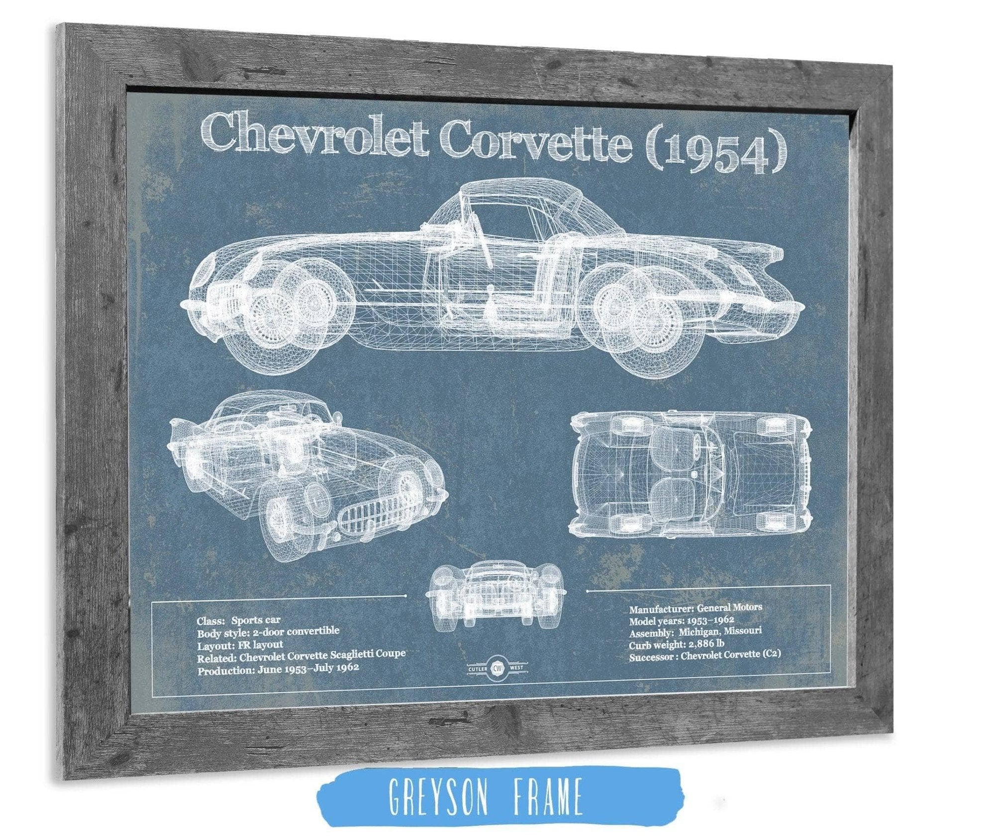 Cutler West Chevrolet Collection Chevrolet Corvette 1954 Vintage Blueprint Auto Print