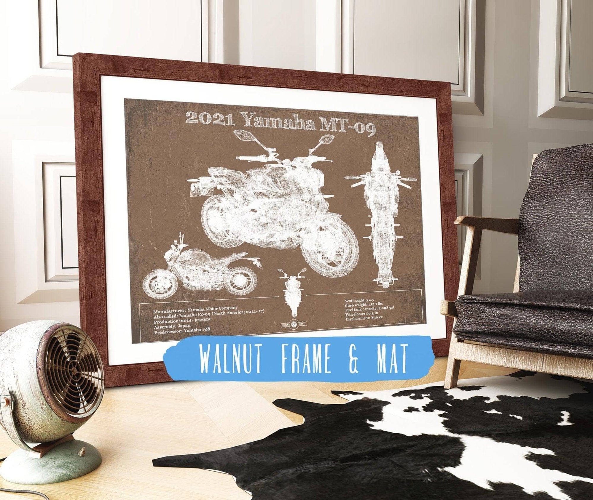 Cutler West 14" x 11" / Walnut Frame & Mat 2021 Yamaha Mt 09 Vintage Blueprint Auto Print 933311146_37323