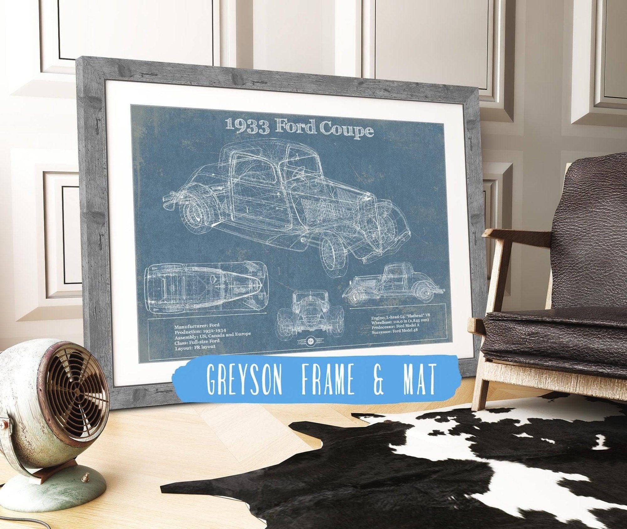 Cutler West Ford Collection 14" x 11" / Greyson Frame & Mat 1933 Ford Coupe Vintage Blueprint Auto Print 933311095_34885
