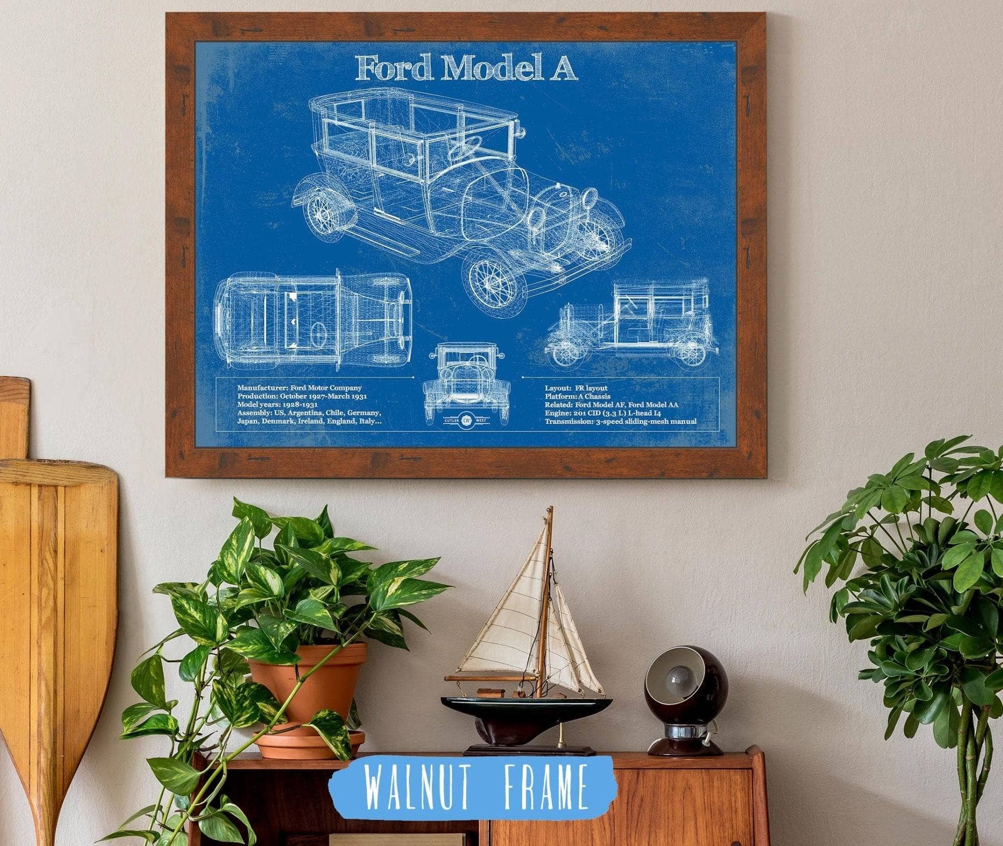Cutler West Ford Collection 14" x 11" / Walnut Frame Ford Model A Vintage Blueprint Auto Print 933311082_19123