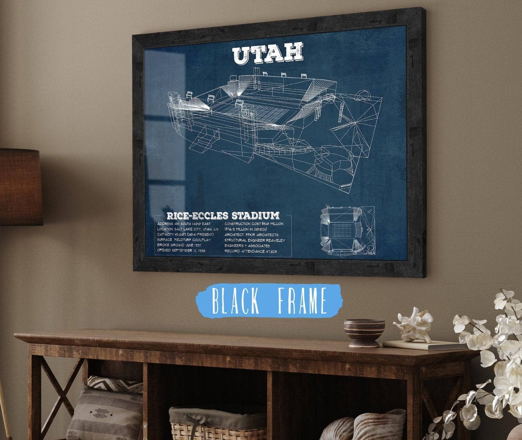 Cutler West College Football Collection 14" x 11" / Black Frame Utah Utes Wall Art - Vintage Rice–Eccles StadiumBlueprint Art Print 750783423_5606