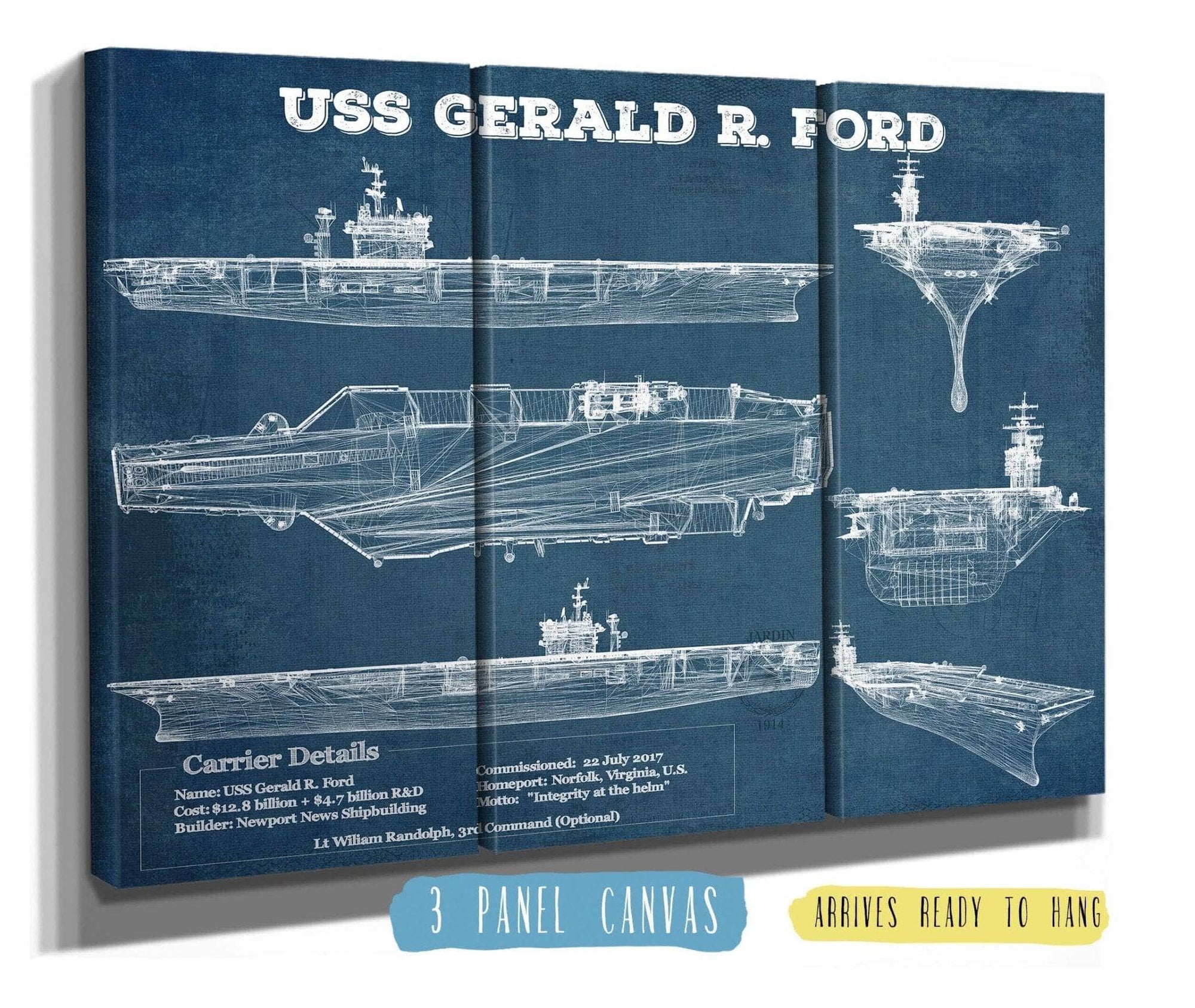 Cutler West Naval Military 48" x 32" / 3 Panel Canvas Wrap USS Gerald R. Ford (CVN-78) Aircraft Carrier Blueprint Original Military Wall Art - Customizable 845000166_66557