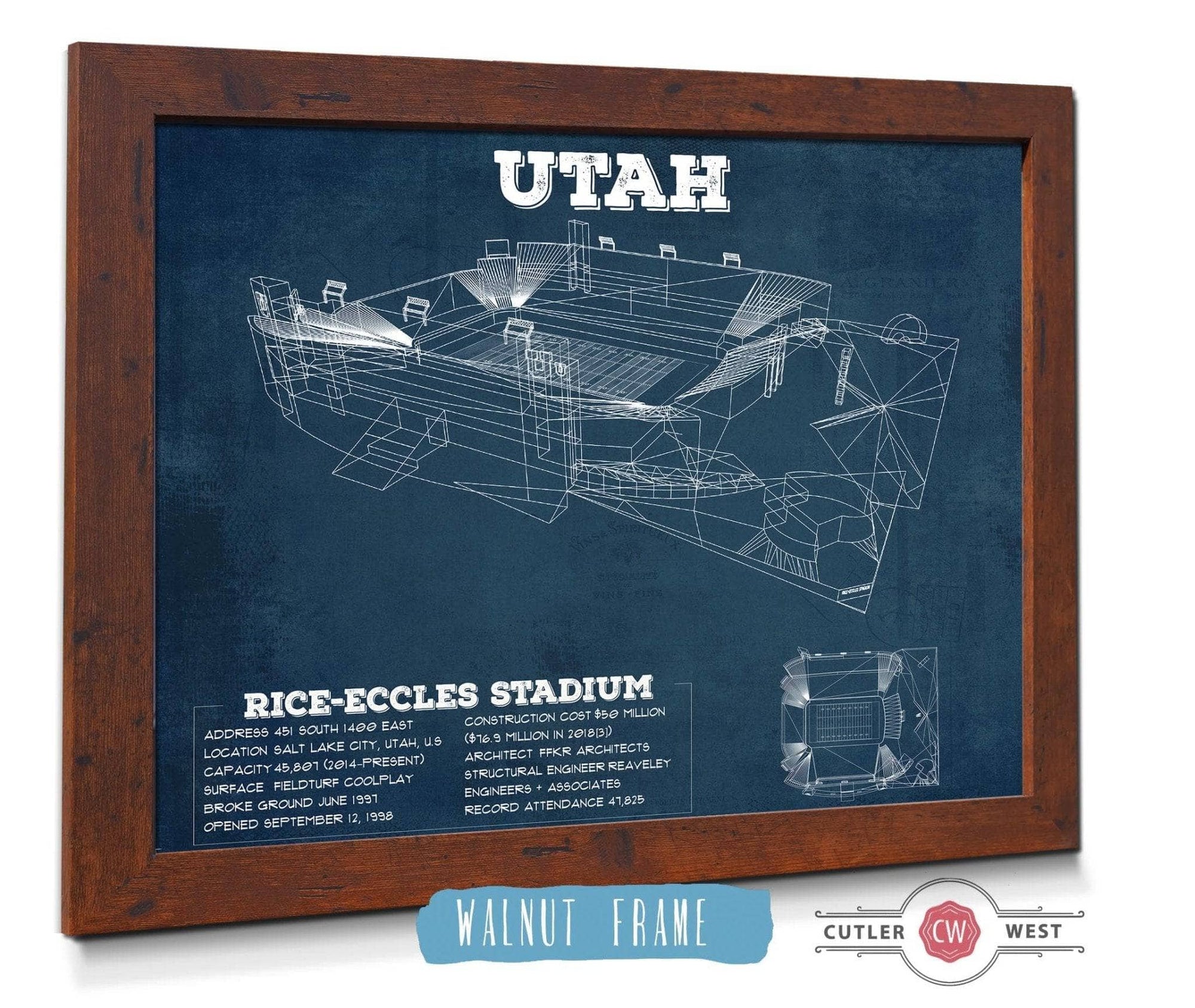 Cutler West College Football Collection 14" x 11" / Walnut Frame Utah Utes Wall Art - Vintage Rice–Eccles StadiumBlueprint Art Print 750783423_5608
